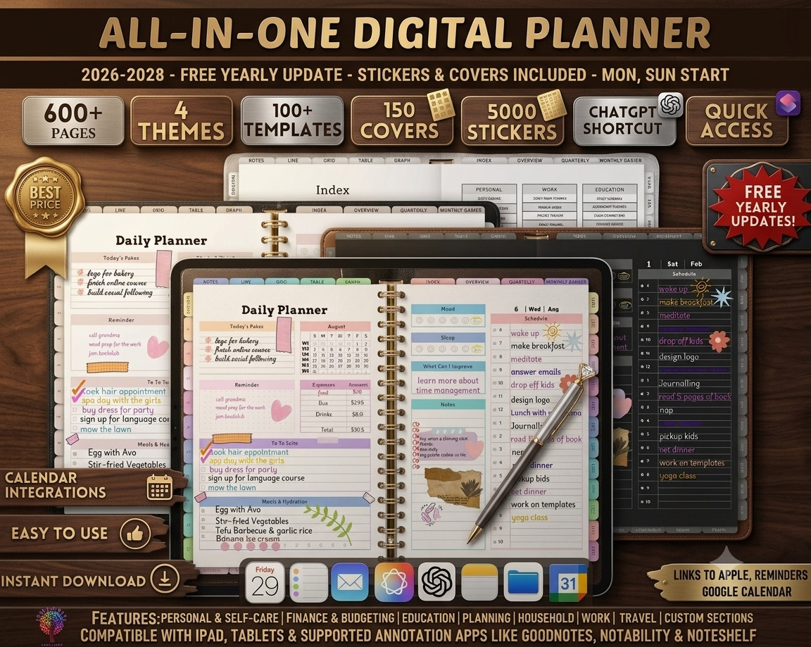 All-in-One Digital Planner 2026-2028 Digital Journal GoodNotes Template