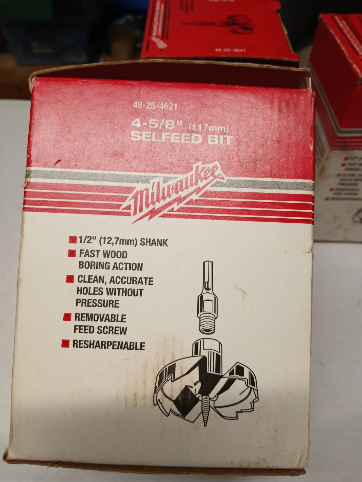 4 Milwaukee SelFeed Forstner Hole Wood Drill Bits 2-9/16″ – 3″ – 3-5/8″ – 4-5/8″