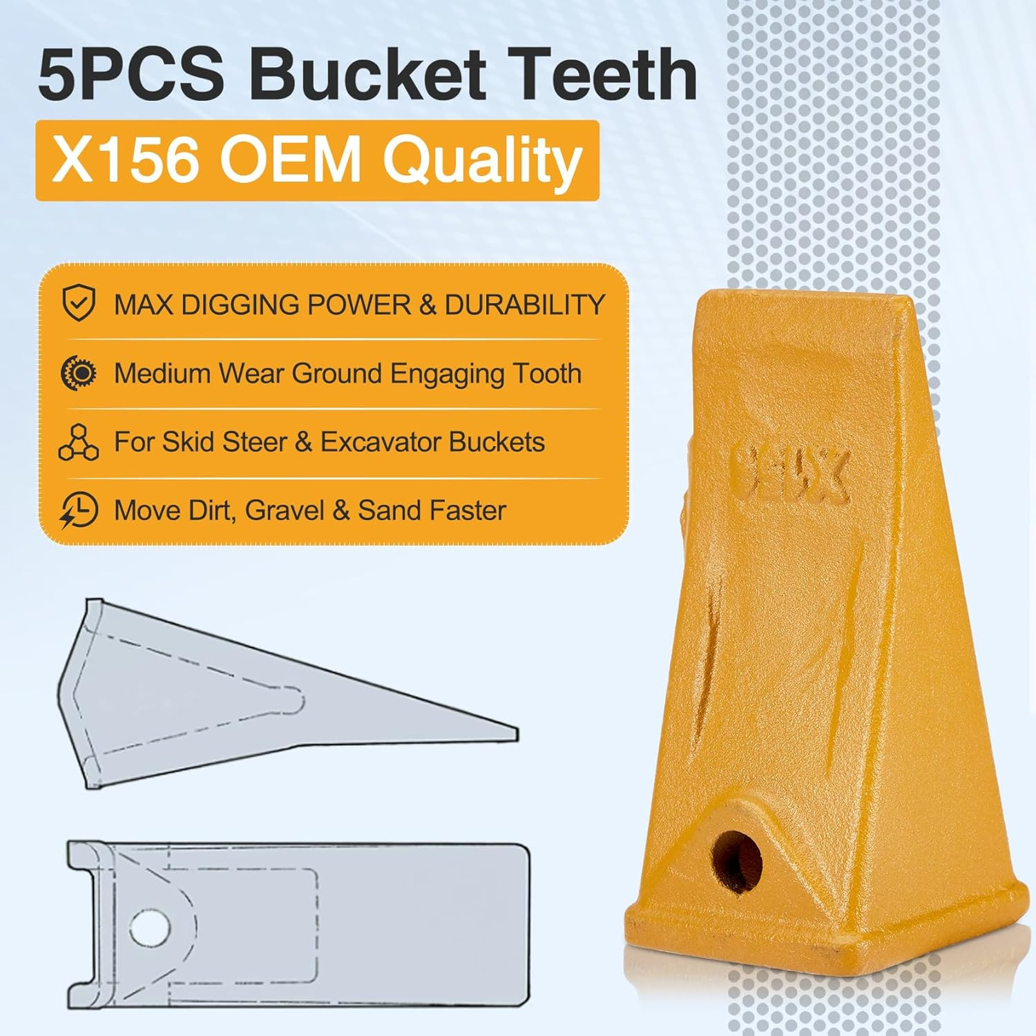 5Packs X156 Mini Excavator Bucket Teeth for Skid Steer and Mini Excavators