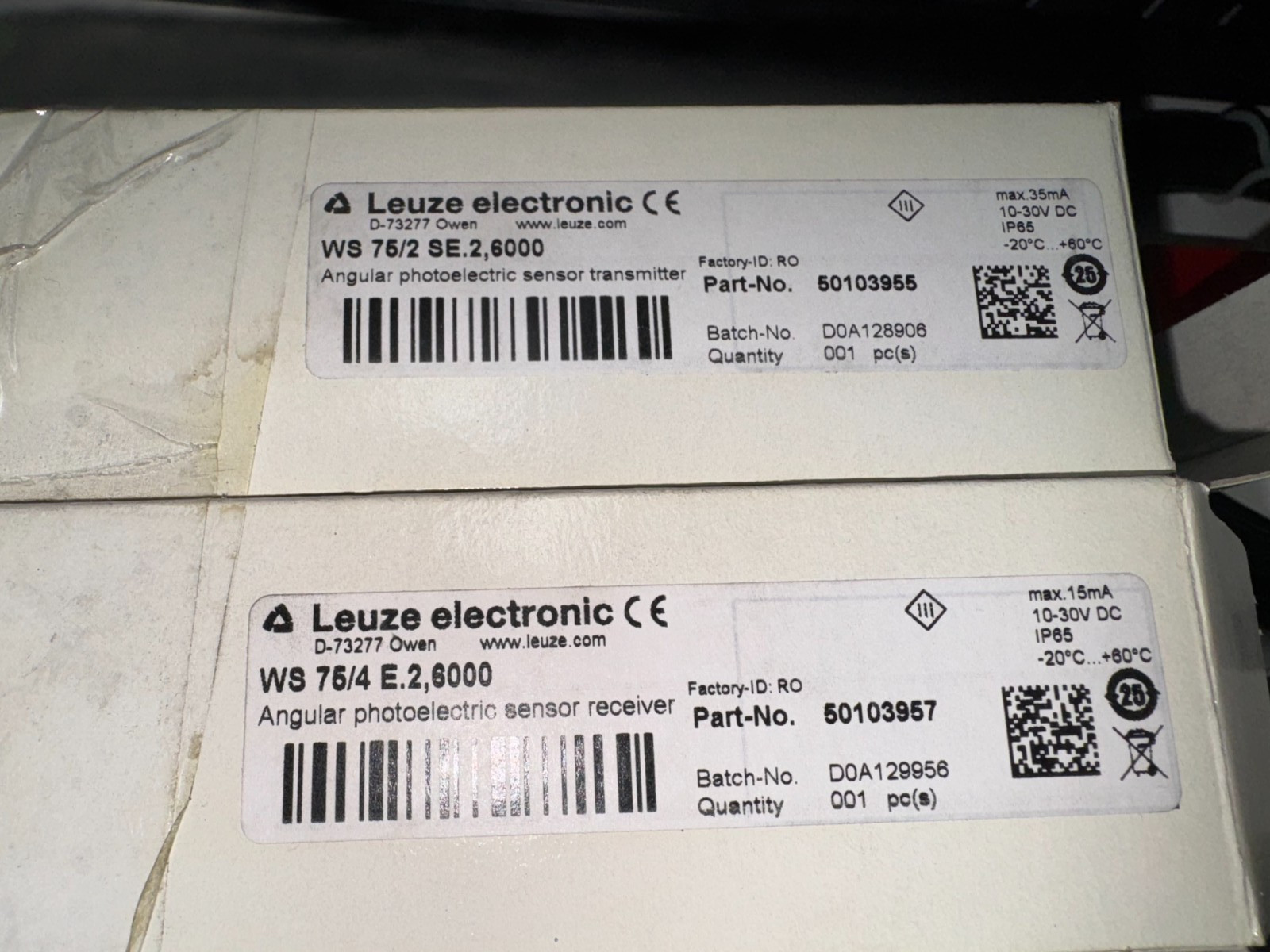 LEUZE WS 75/4 6000 #s 50103955 AND 50103957 TRANSMITTER & RECIEVER MODULES.