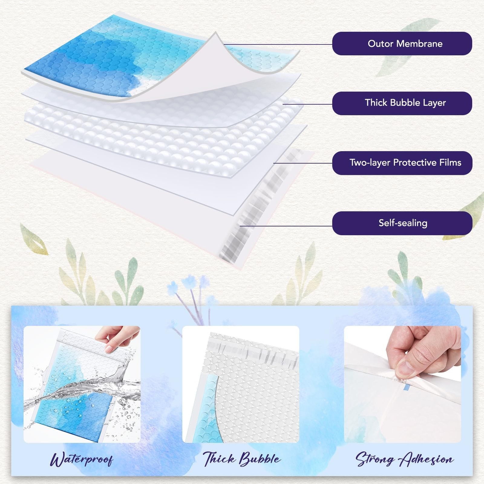 Fuxury Bubble Mailers 6×10″ Blue Watercolor Small Padded Envelopes 100 Pack U…