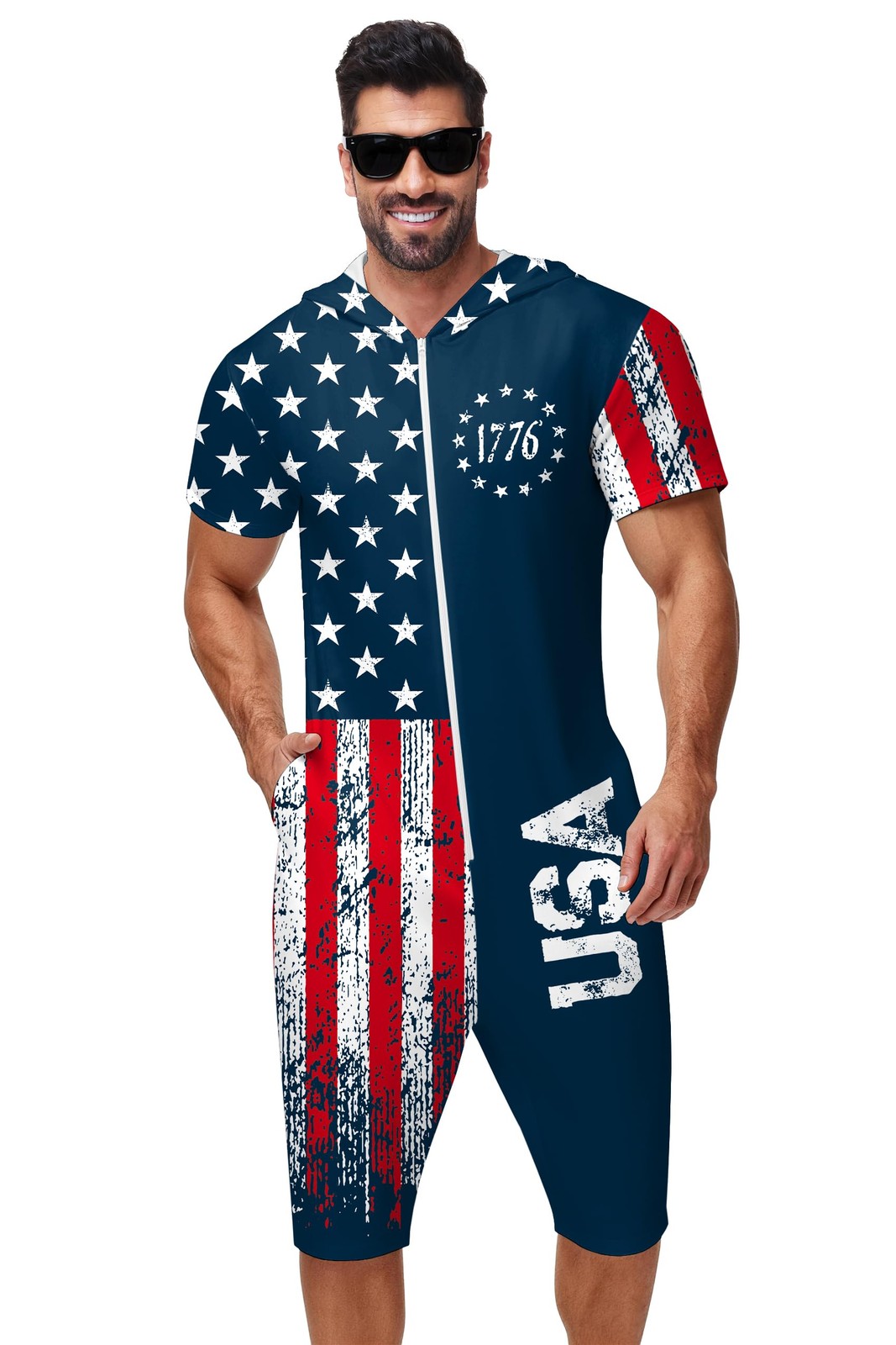 Arankhiger Mens 4Th Of July Jumpsuit Patriotic Stars Stripes Zip Rompers Usa