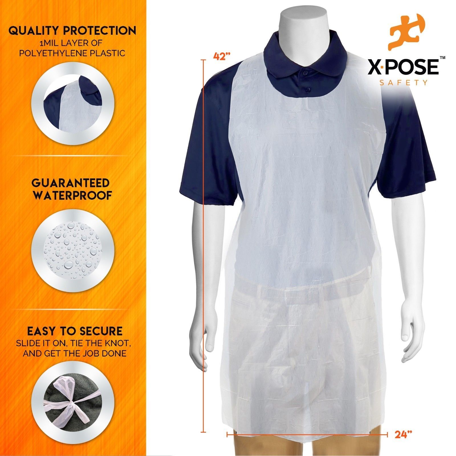 100 Disposable White Plastic/Poly Aprons Full Bib Embossed 24″ x 42″ Single Use