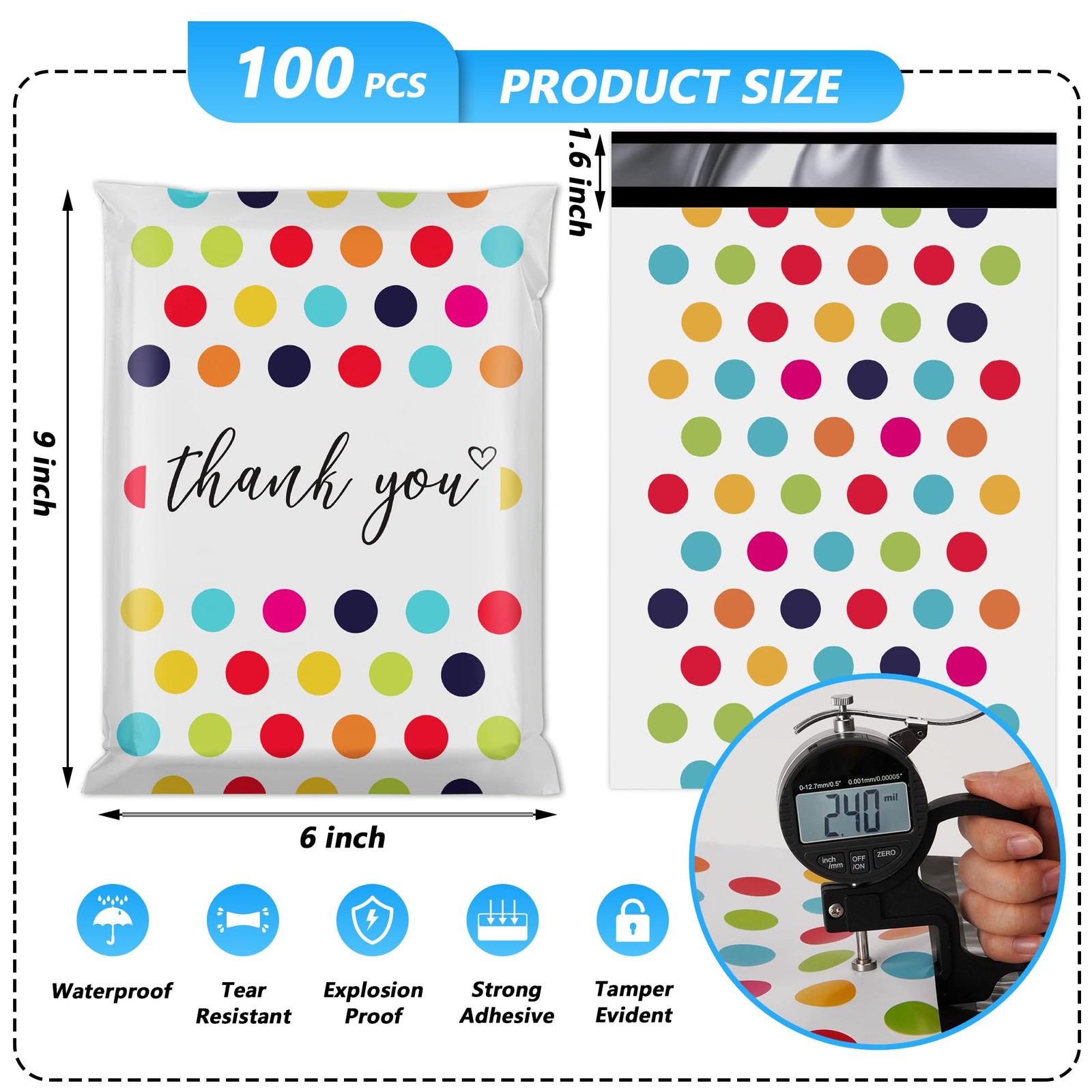 Jowlroel Thank You Poly Mailer 6×9 Inch 100 100Pcs, Color Polka Dots