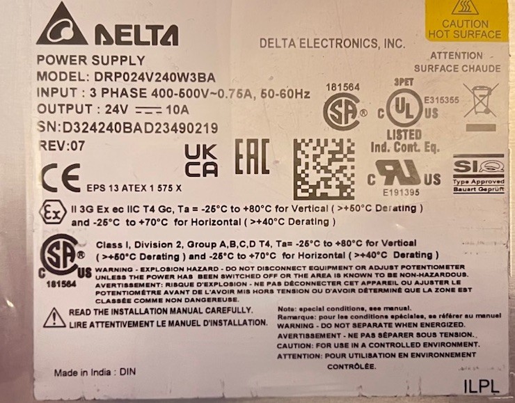 Delta Electronics DRP024V480W3BN 24V 480W DIN Rail Industrial Power Supply