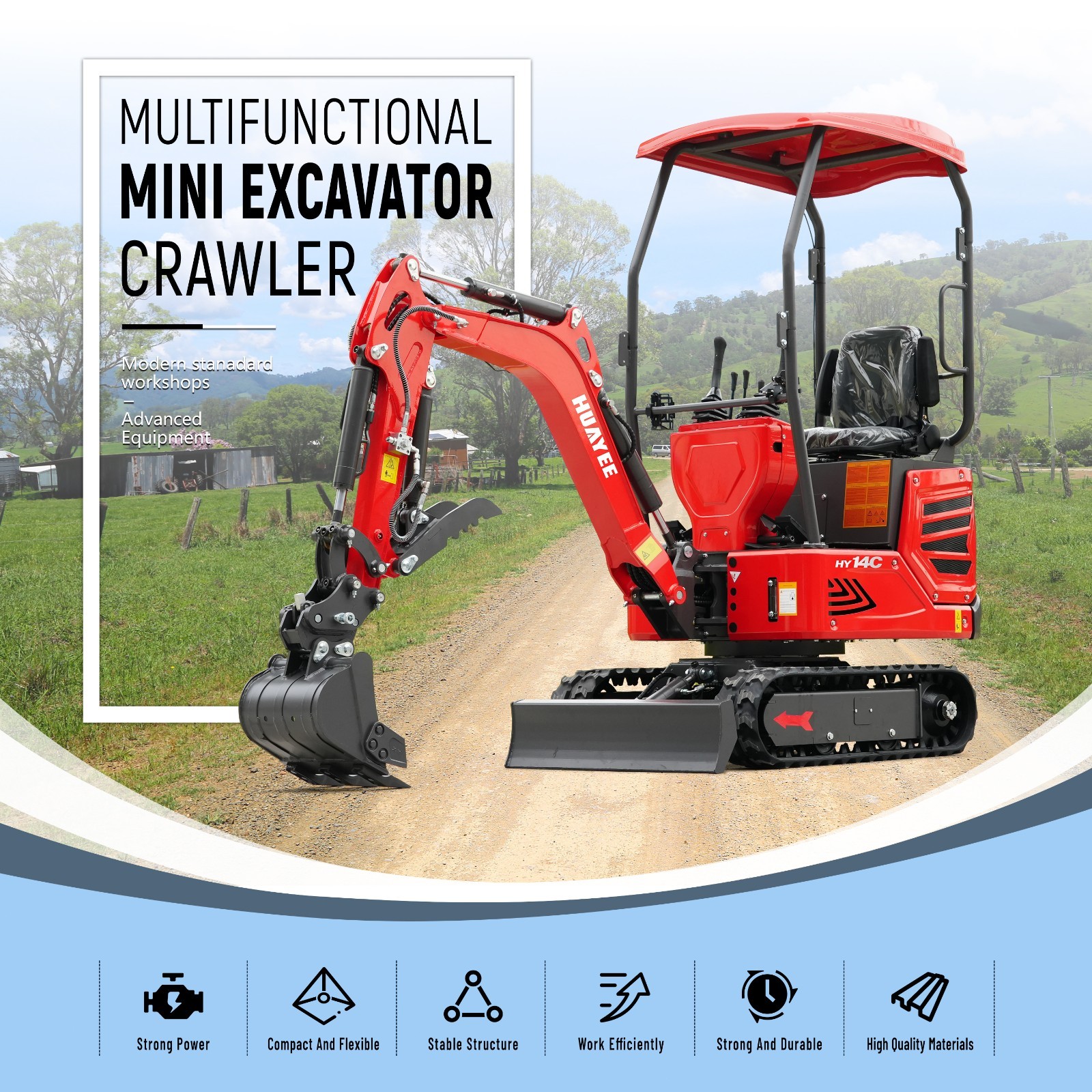 HUAYEE Mini Excavator 1.4Ton Digger 13.5HP Gas Engine EPA Hydraulic Thumb Clip