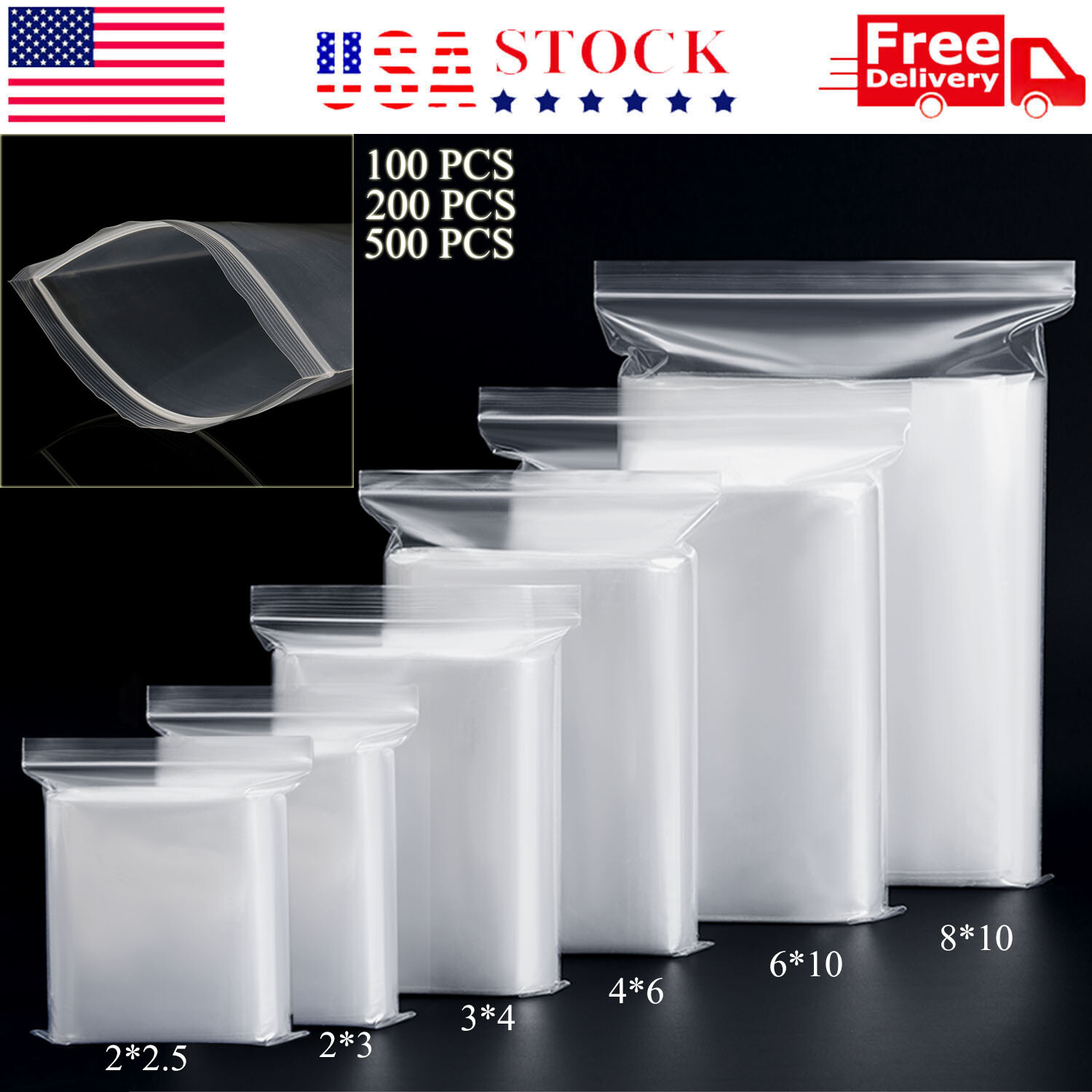 Clear Resealable Bag Plastic Zip Seal Bags Poly Zipper 2.07mil / 2.26mil