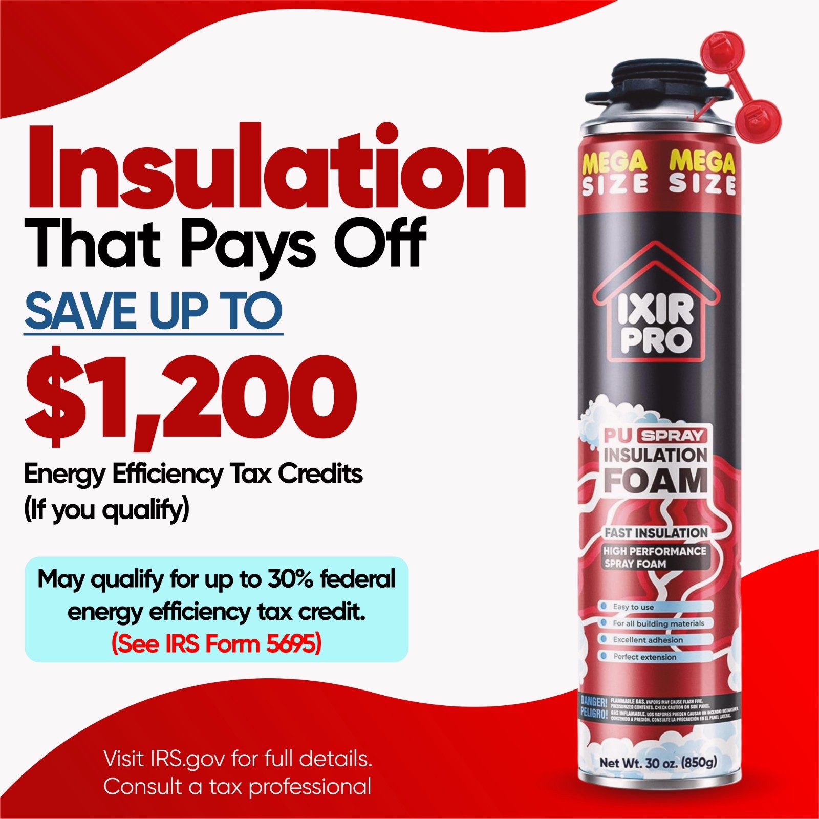 Spray Foam Insulation Can (12 x 30 oz. / 850 g) Expanding Sealant, High Density