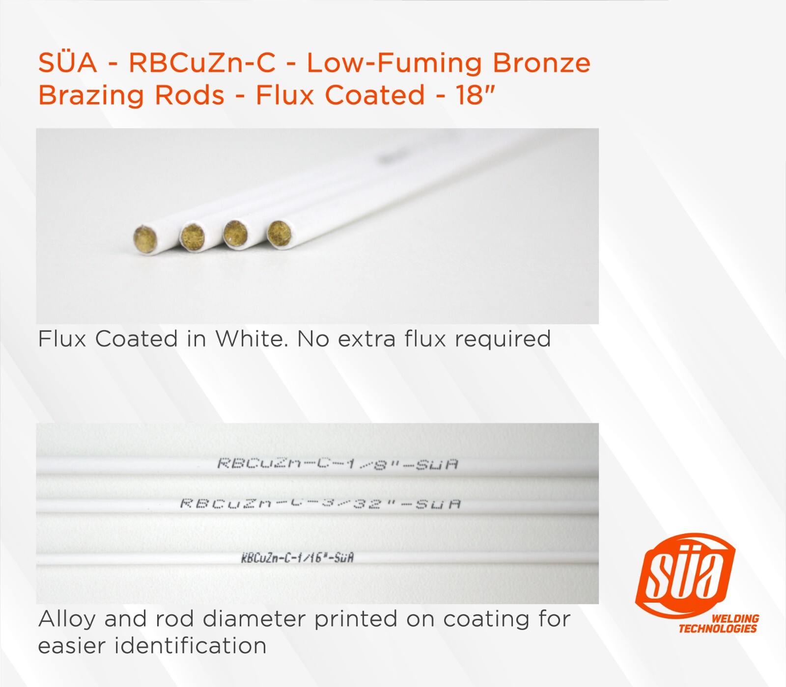 SÜA – RBCuZn-C – Low-Fuming Bronze Brazing Rod – Flux Coated – 18″ x 1/8″