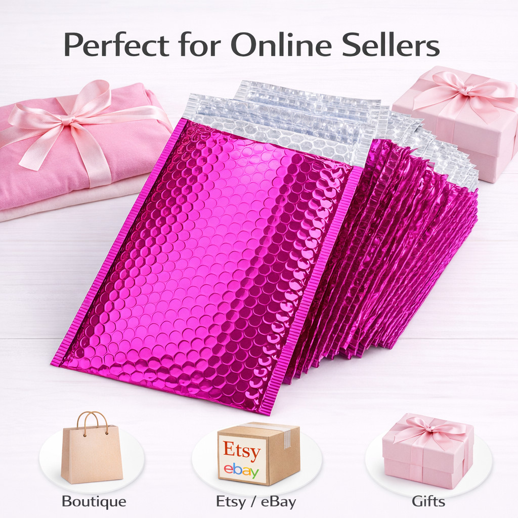6.5×10 Metallic Hot Pink Poly Bubble Mailers Padded Self Seal Shipping Bulk