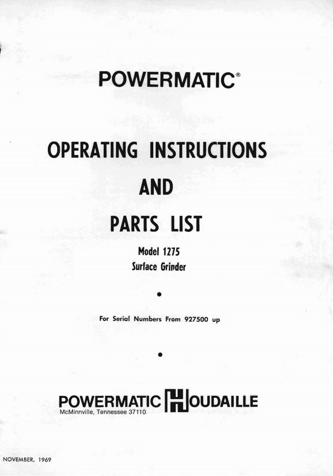 Operator Inst & Part List Manual Powermatic Model 1275 Surface Grinder 1969 PM64