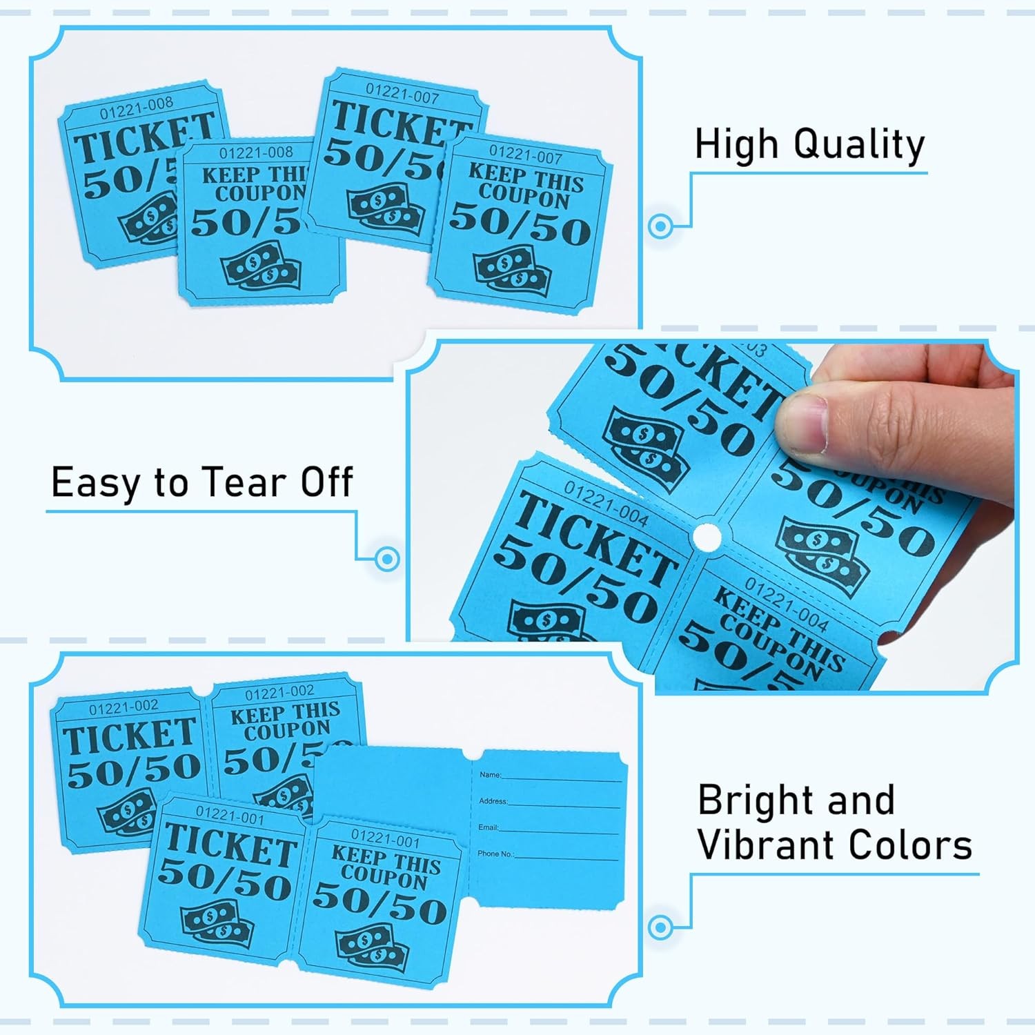 ESSENTIAL 500 Double Roll Raffle Tickets, 50/50 Cards, Entry Form Blue