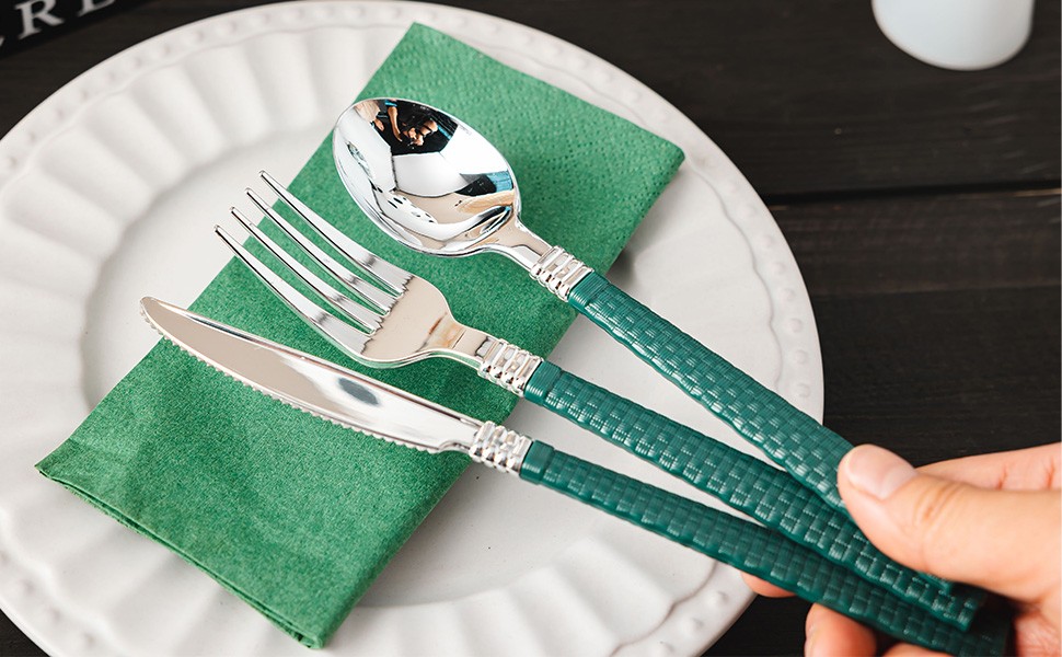 90pcs Silver and Green Disposable Silverware Set, Elegant Plastic Silverware