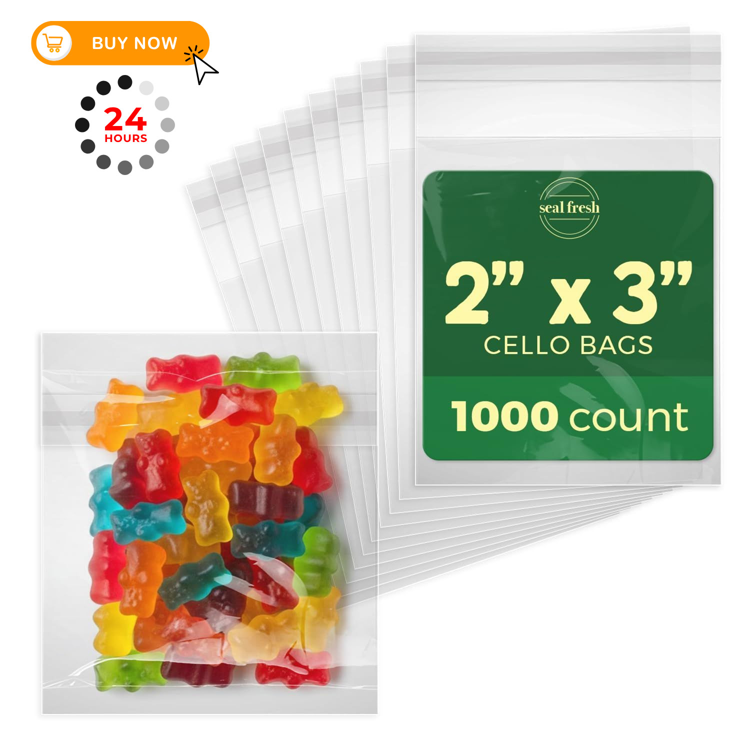 Seal Fresh Self Sealing Cellophane Bags – 2″ x 3″ (1000 Count) x 3″, Clear