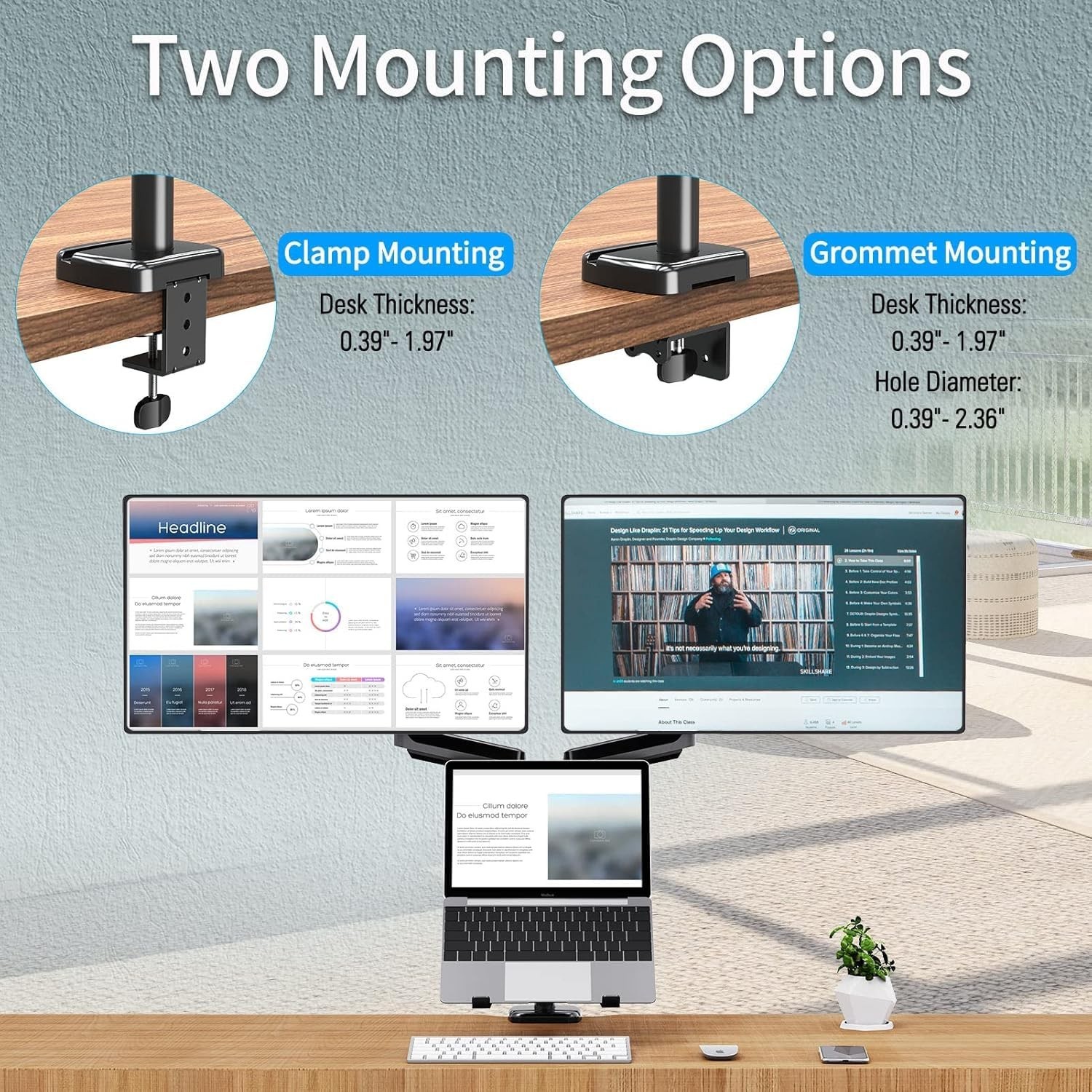 MOUNTUP Dual Monitor and Laptop Mount, Adjustable Monitor Stand for 2 Max 27″…