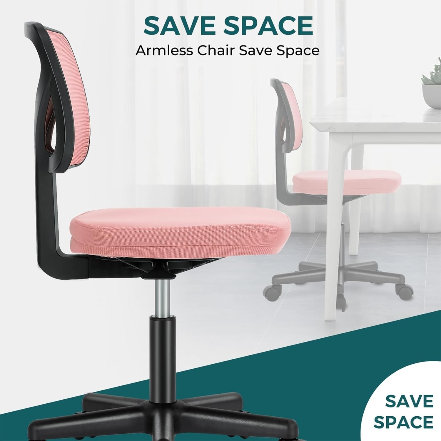 Ergonomic Hot Pink Armless Office Chair – Adjustable & Rolling for Small Spaces