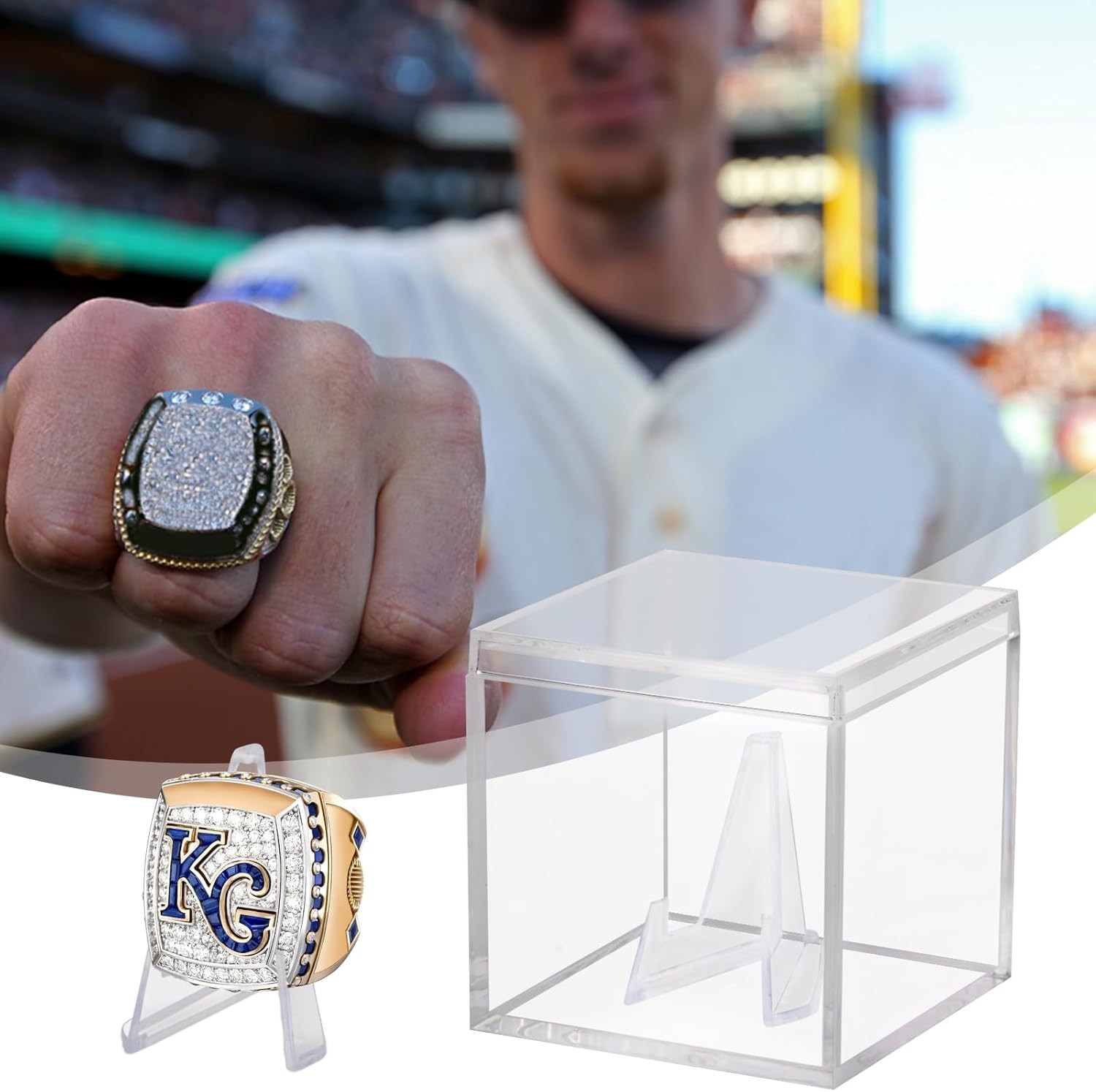 Clear Acrylic Championship Ring Display Case, Memorabilia Stand 1-Pack,