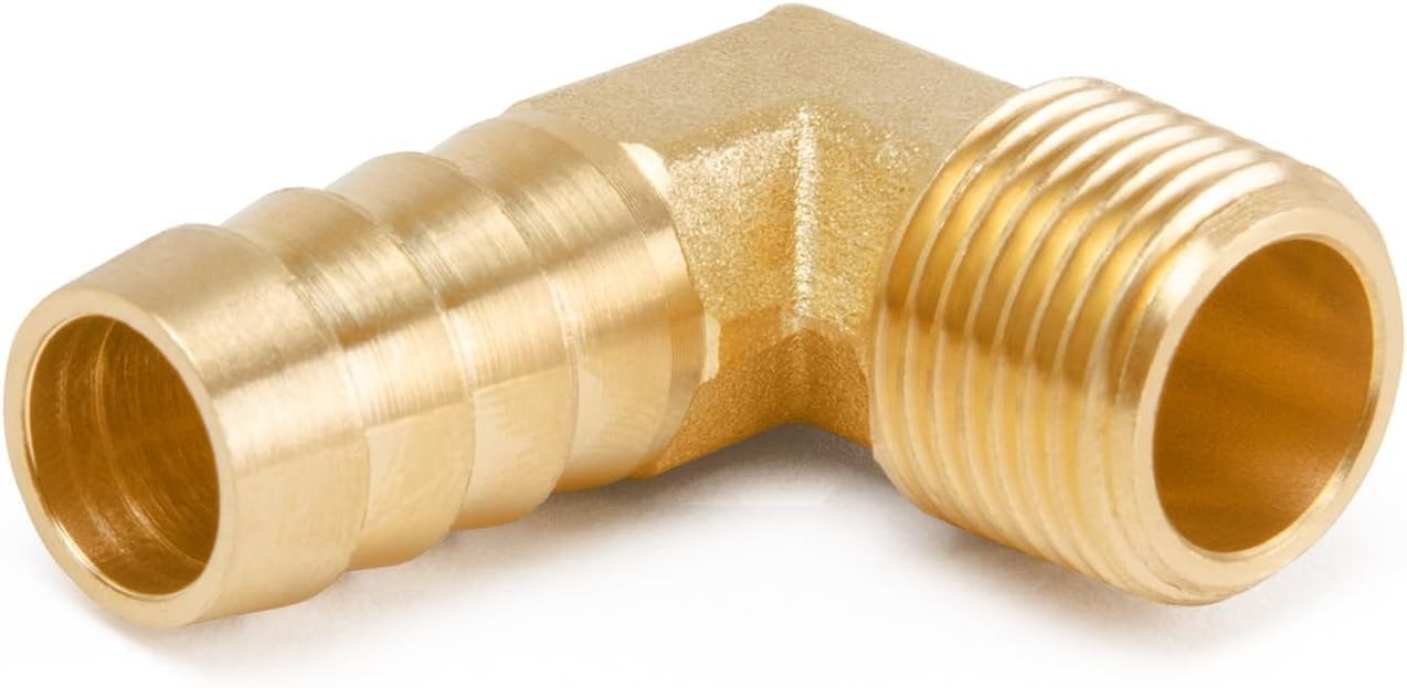 90° Elbow Brass Hose Barb Fittings 1/2″ x 3/8″ NPT Male Adapter + Clamps (6-Pack