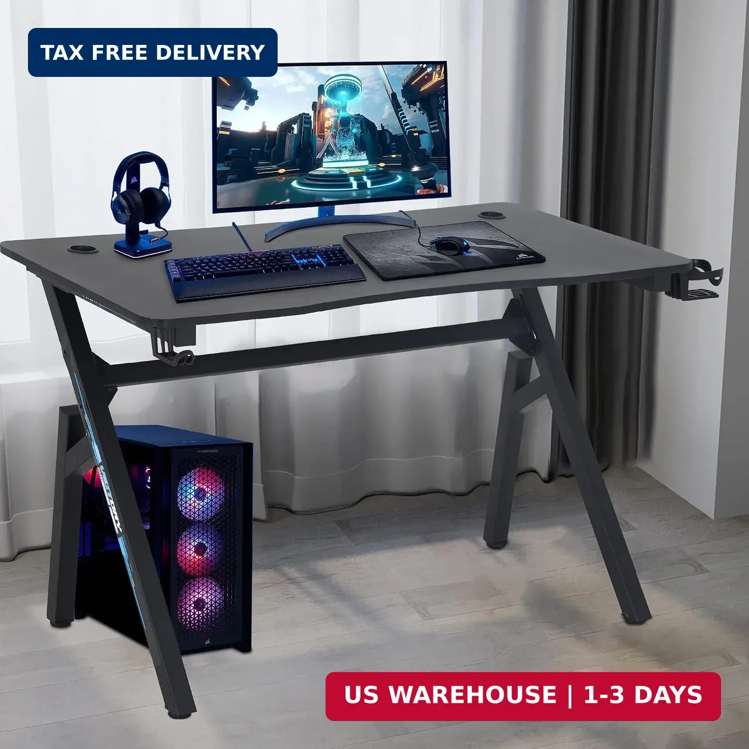 47″ Gaming Table | Blue | R-Shaped Computer Desk | with Steel Frame, Headphone H