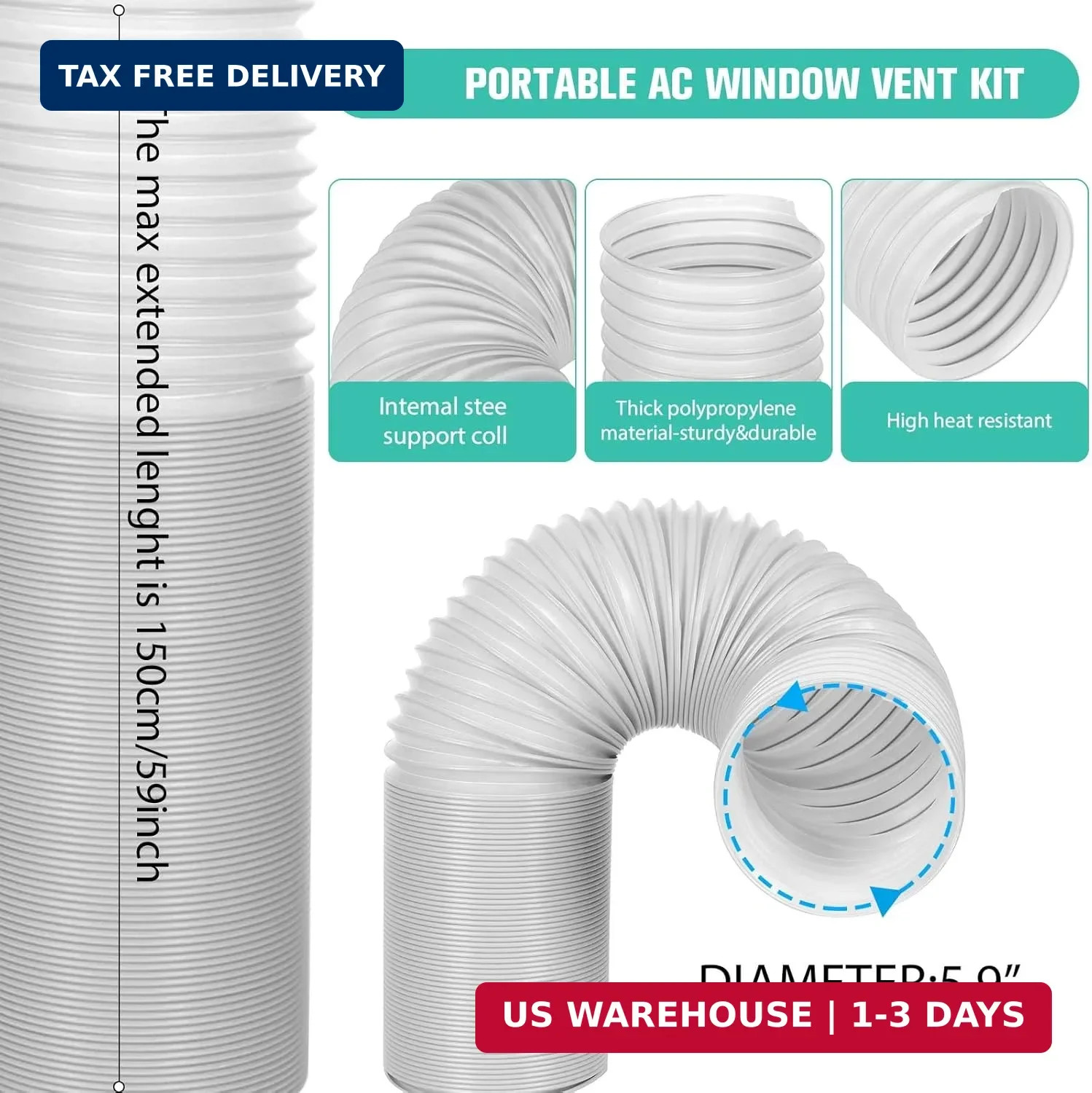Portable Air Conditioner Window Vent Kit with 5.9″ Exhaust Hose Universal Portab