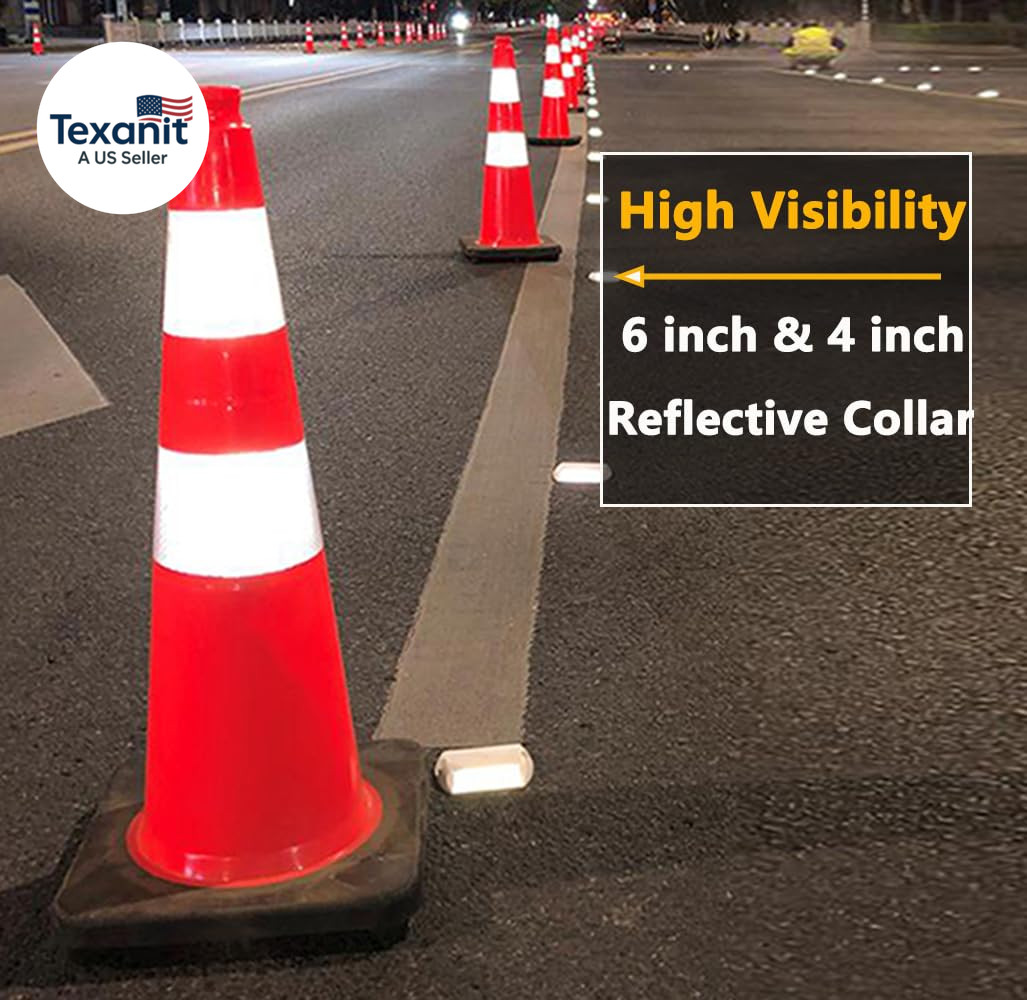 (8 Cones) 28” Inch Orange PVC Traffic Cones, Black Base Construction Safety Con