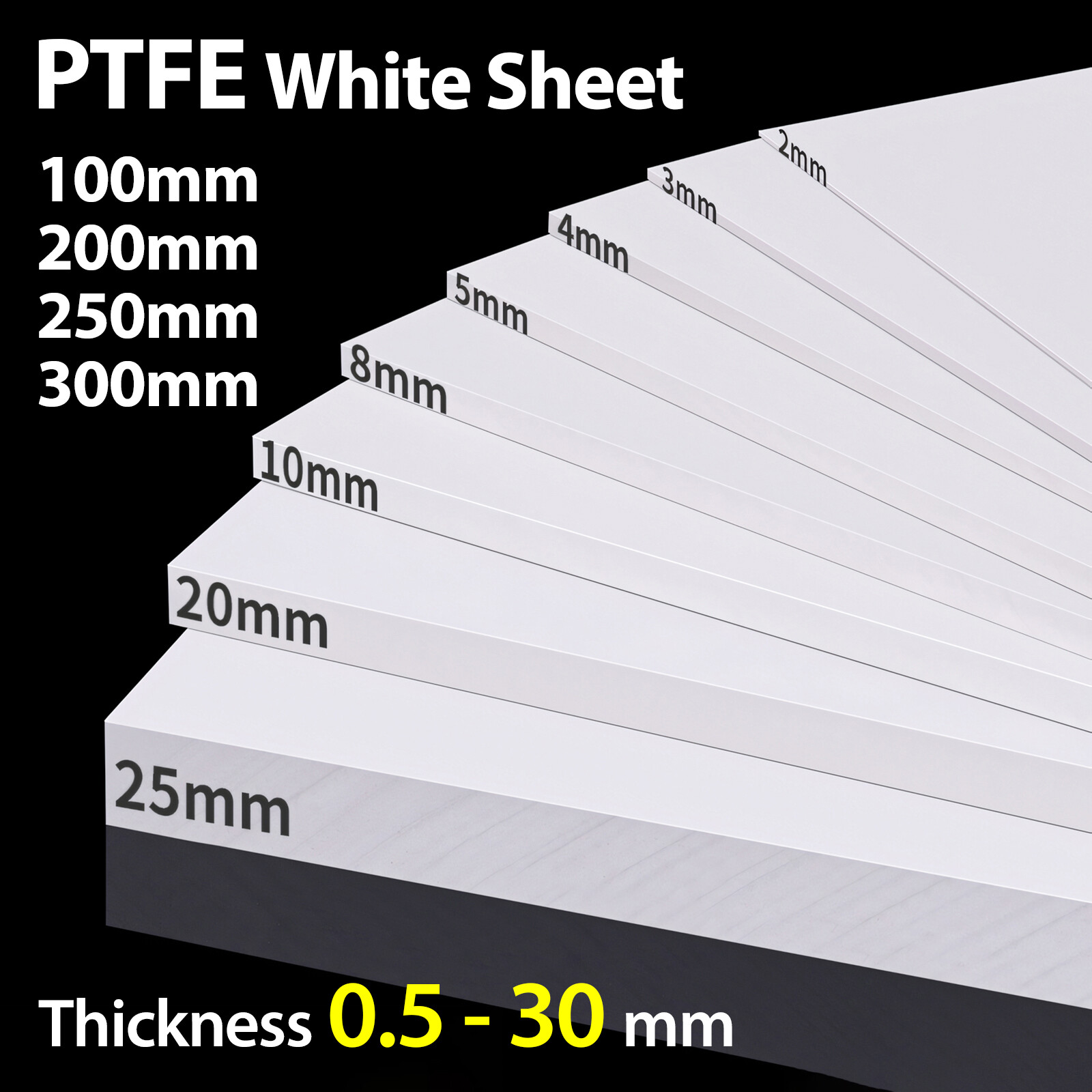 PTFE White Sheet 0.5mm to 30mm Thick Various Sizes 100mm to 300mm