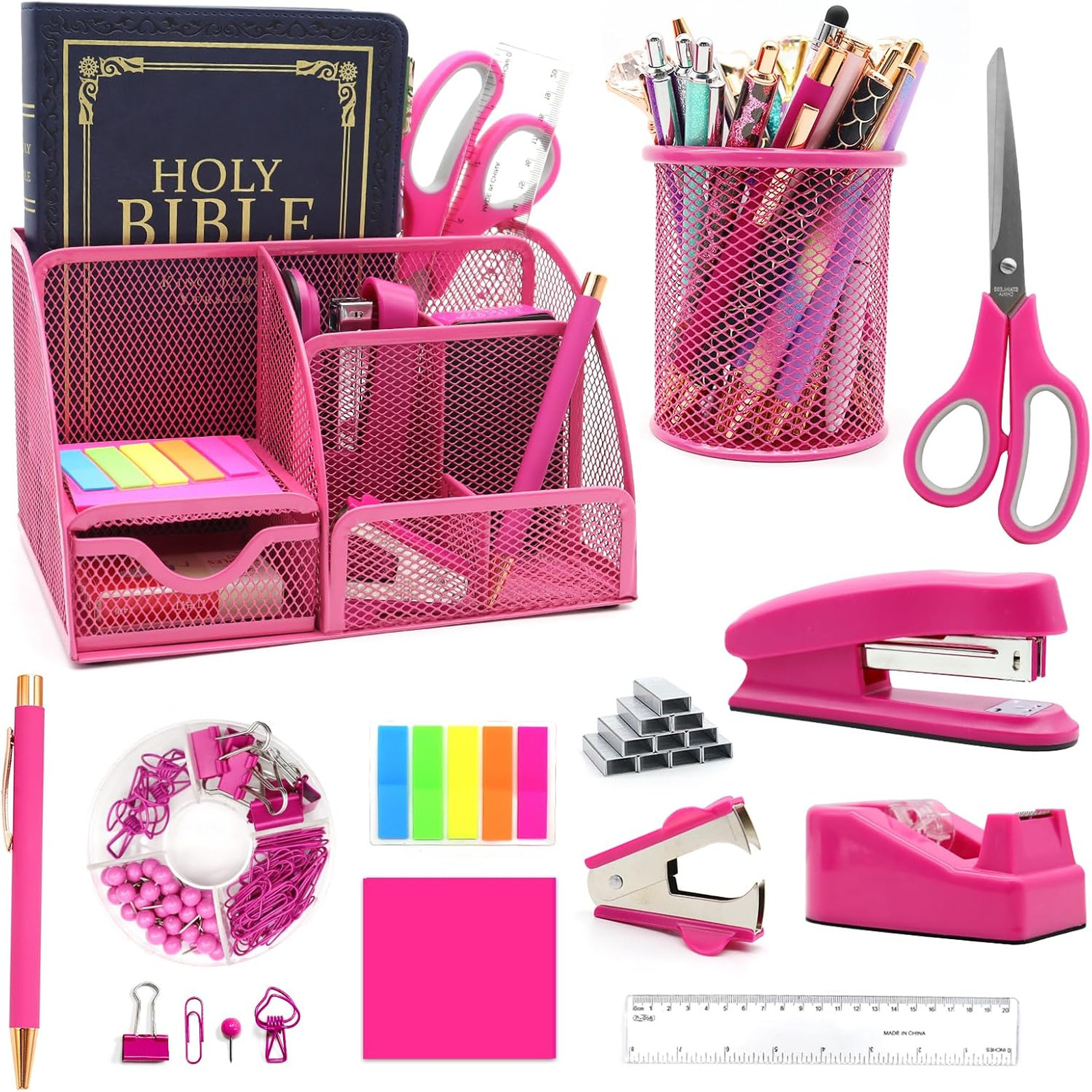12 in 1 Desk Organizer Set Hot Pink Office Supplies for Women and Coworkers Gift