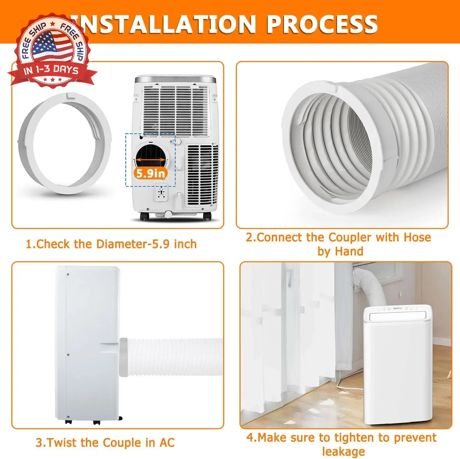 Portable AC Exhaust Hose Coupler 5.9 inch, Air Conditioner Unit Vent Tube Connec