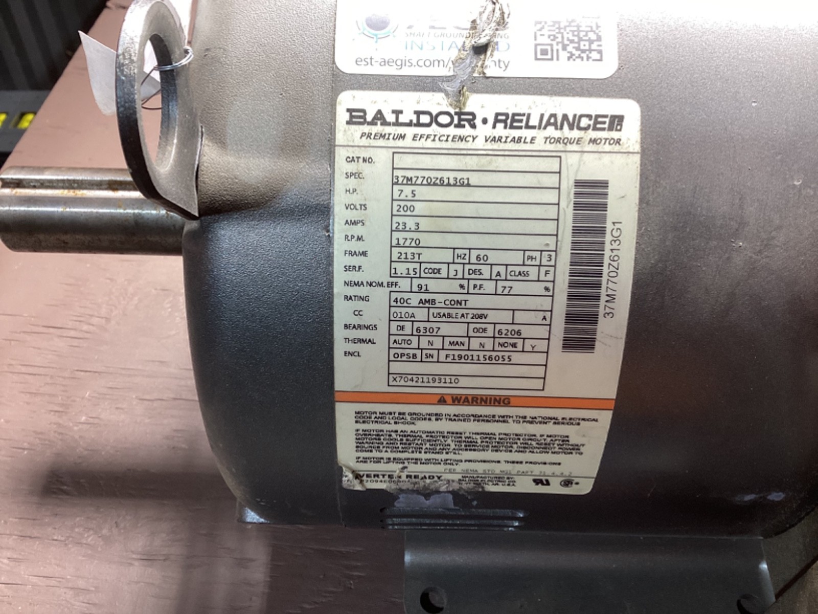 Baldor 7.5HP 3 Phase 1770 RPM 200-208v Enclosure OPSB Electric Motor