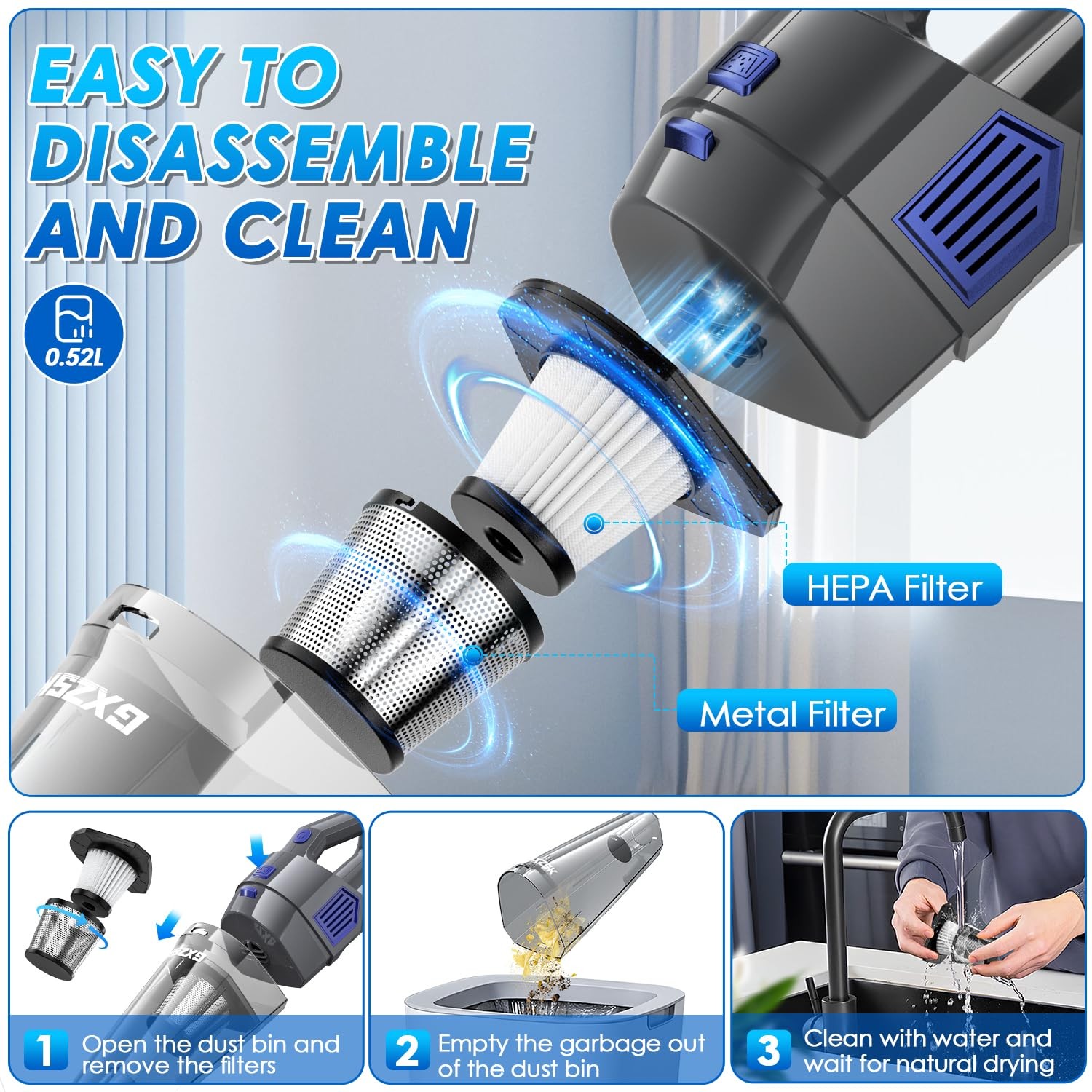 Gxzsk Handheld Vacuum Cordless, 15000PA Strong Suction Hand Gray & Deep Blue