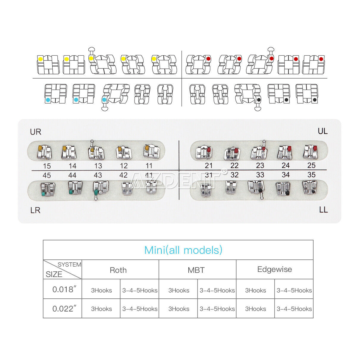 10 Packs AZDENT Dental Orthodontic Brackets Braces Metal Mini Roth.018 Hooks 345