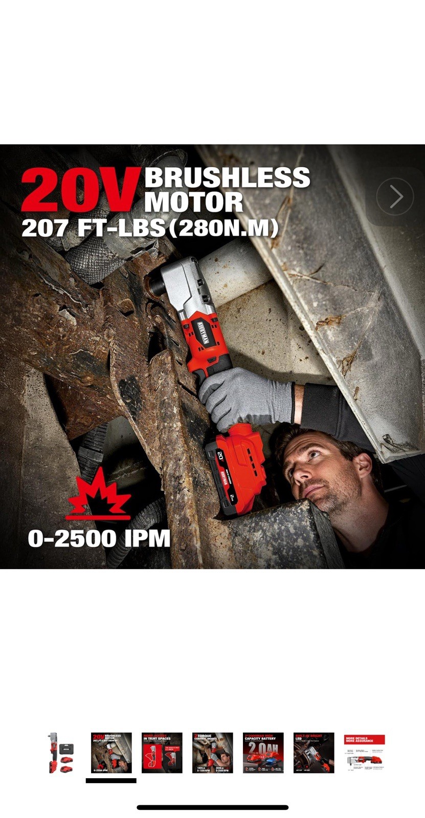 Alloyman 20V Brushless Right Angle Impact Wrench, 207 Ft-lbs（280N.Mᦀ