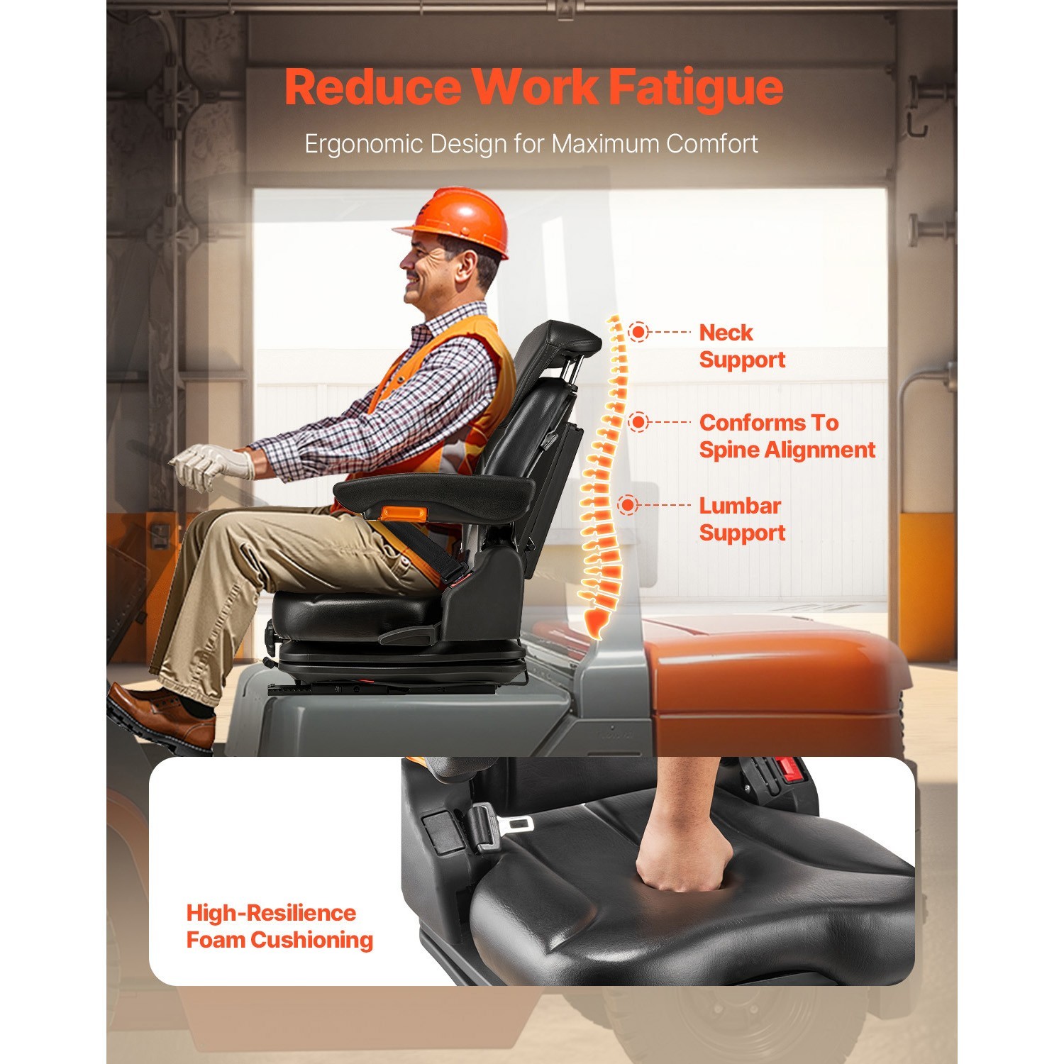 Forklift Seat Tractor Suspension Seat Fold Down Adjustable Back & Headrest
