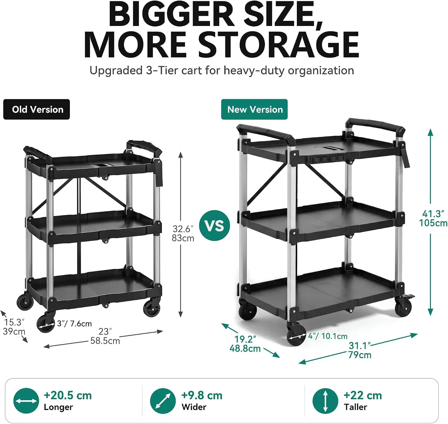 300 LBS Folding Service Cart 3 Tier Portable Cart w/Wheels&Tool Side Mount Strap