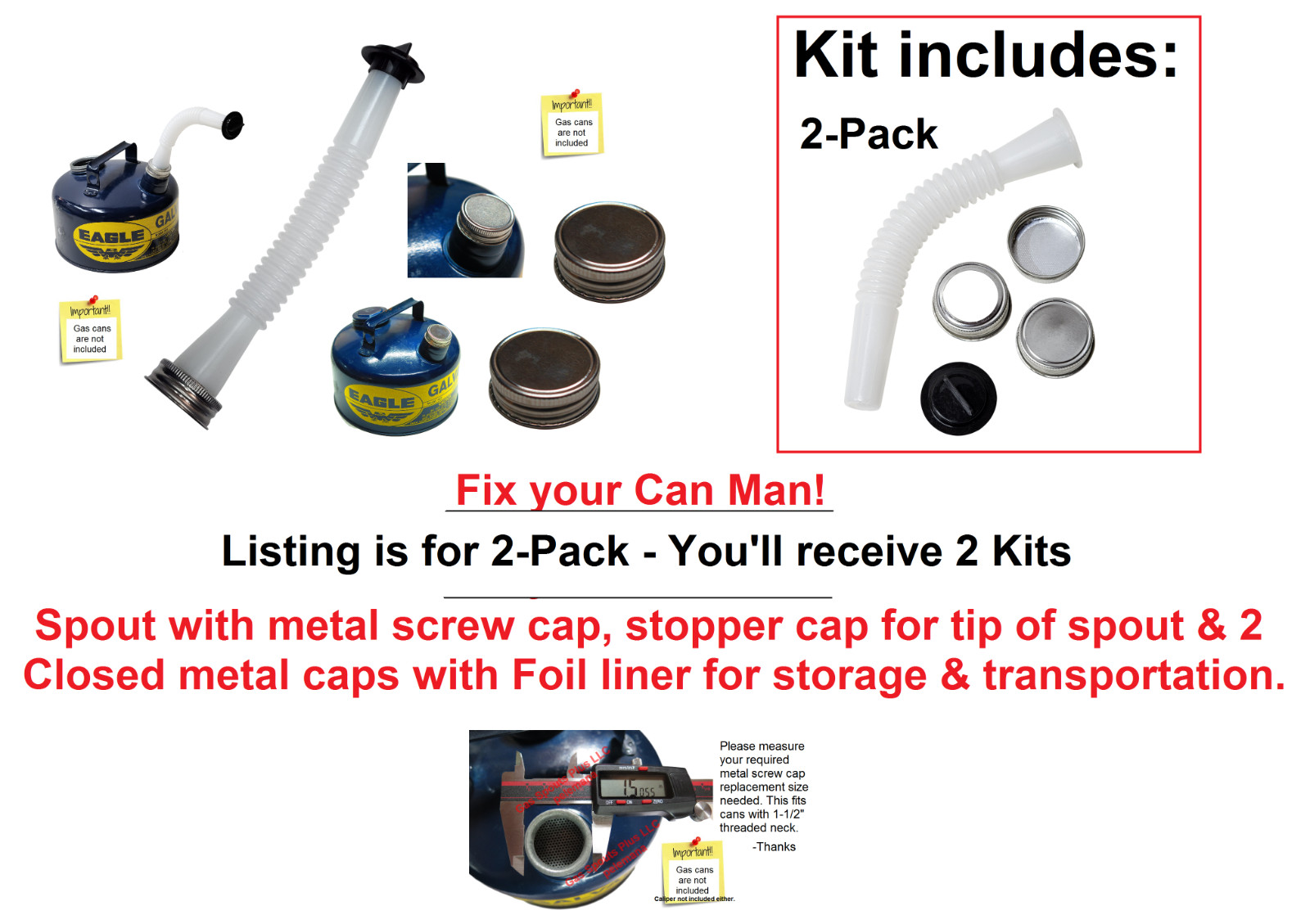 2pk EAGLE Rugged Gas Spout (high flow) w/ Metal Cap 1.50″ +2 Closed Storage caps