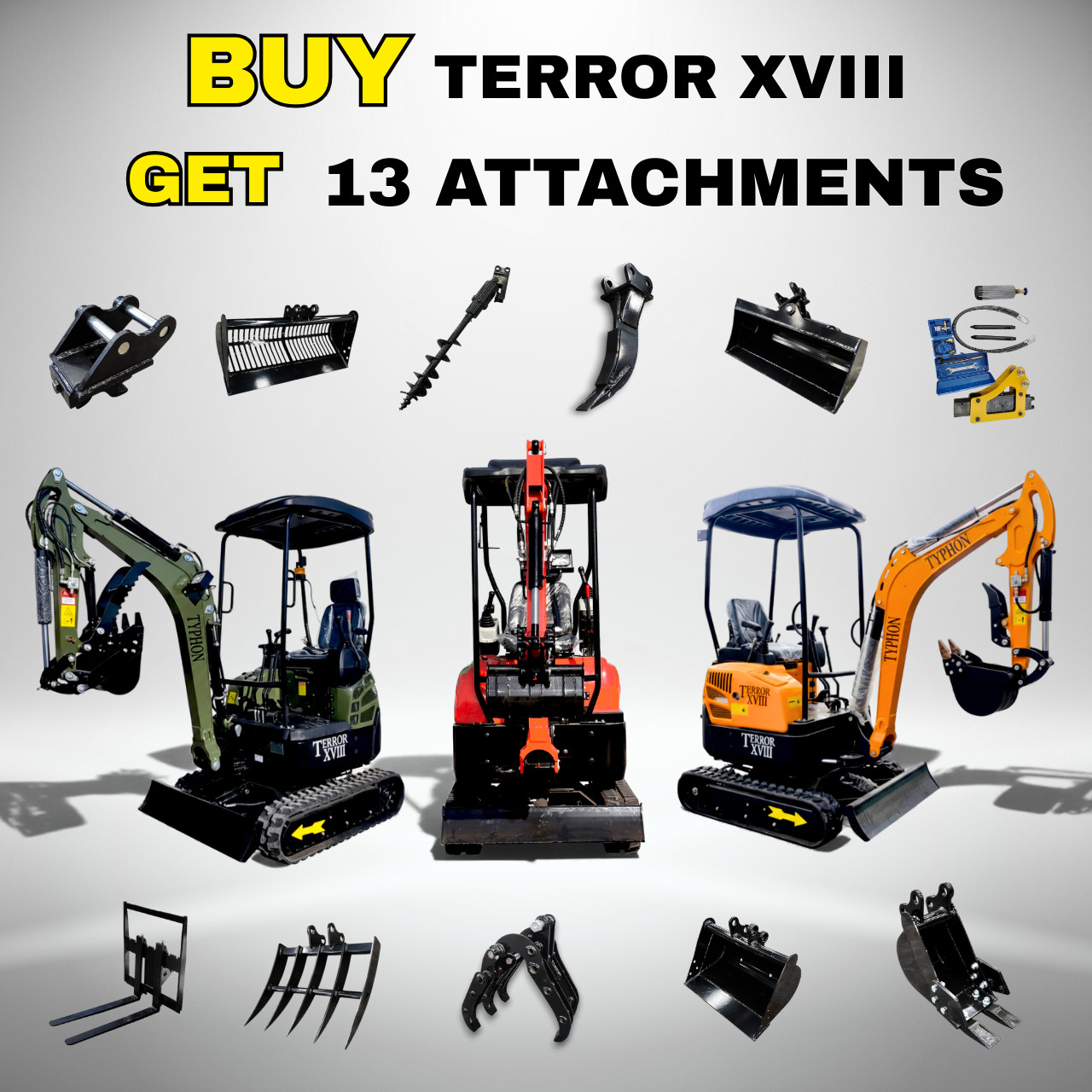 Free Ship TYPHON TERROR XVIII 4000lb Mini Excavator Kubota D902 w 13 Attachment