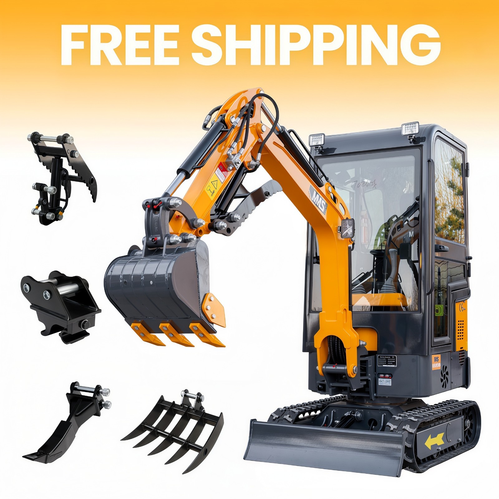 1.4Ton Mini Excavator With Enclosed Cab B&S Engine Swing Boom 4 Attachments Kit
