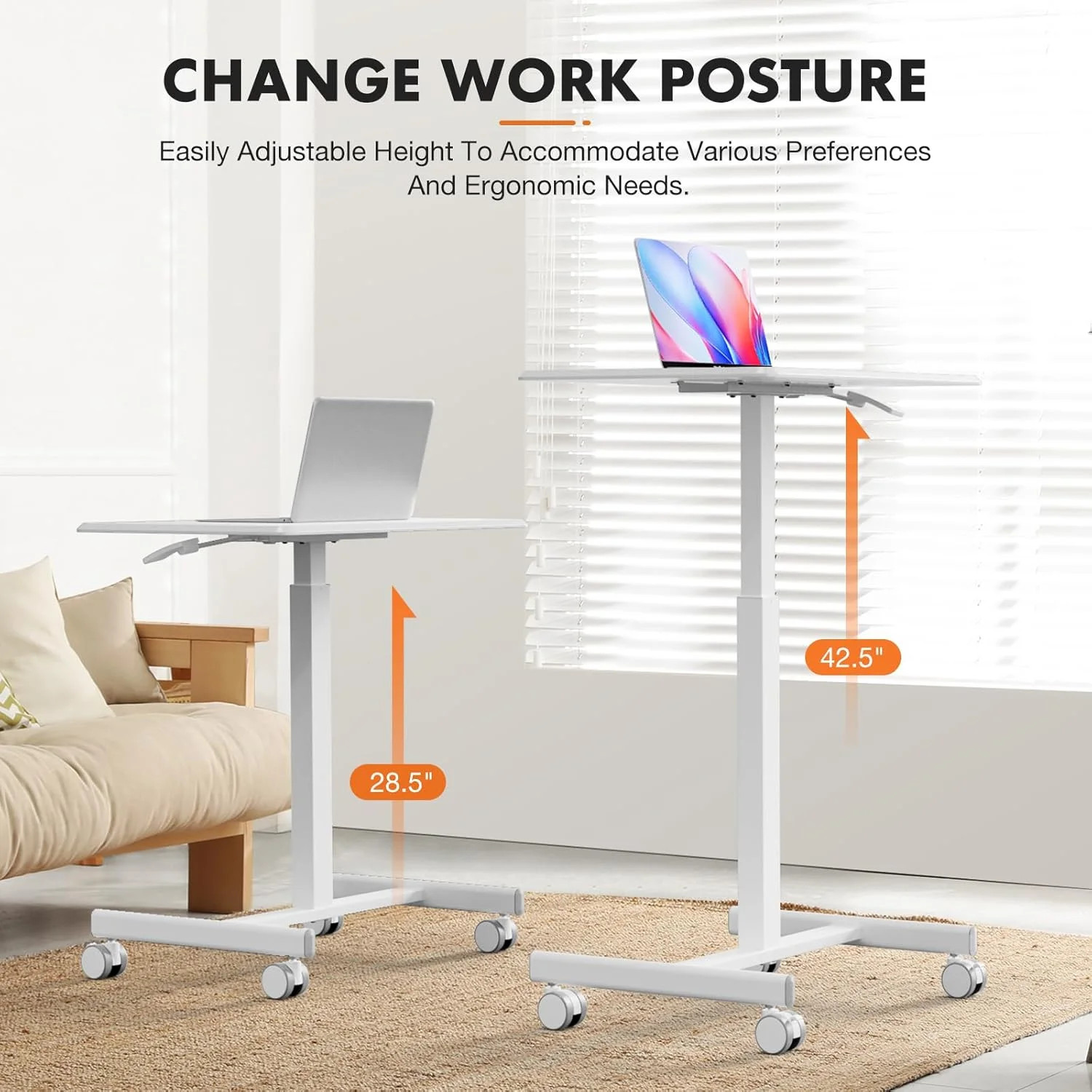 Mobile Rolling Desk, Small Standing Desk with Wheels | Adjustable Height White
