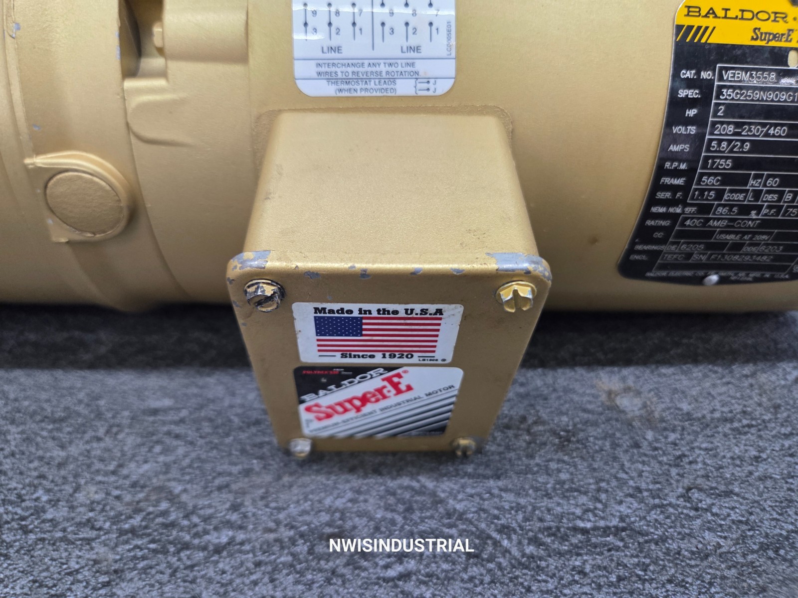 Baldor Brake Motor VEBM3558, 2 HP, 1755 RPM, 3PH, 208-230/460V, 56C