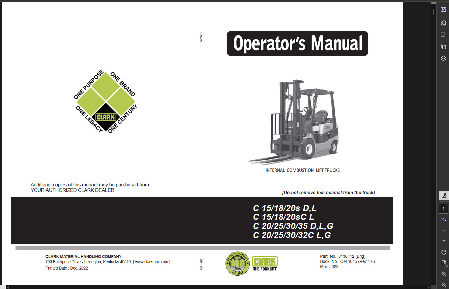 CLARK C25L FORKLIFT OPERATORS SERVICE REPAIR SHOP MANUAL PDF ON USB