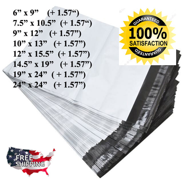 Poly Mailers 6×9 7.5×10.5 9×12 10×13 12×15.5 14.5×19 19×24 24×24 White Shipping