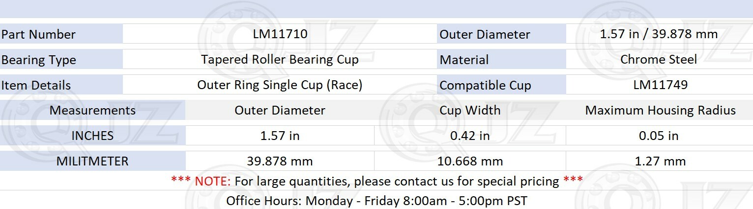 [Qty.1] LM11710 Tapered Roller Bearing Outer Single Cup 1.57in x 0.42in x 0.05in