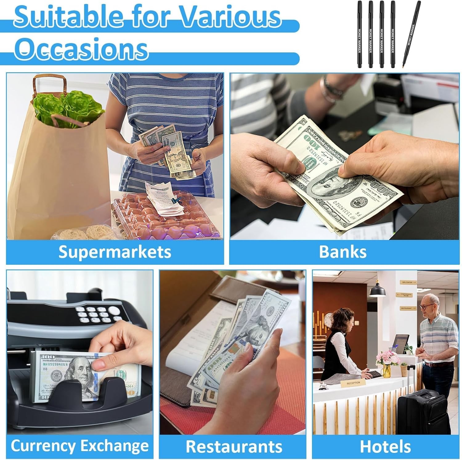 5 Pack Counterfeit Money Detector Pen, Money Marker Bill Detector Pen, Univer…