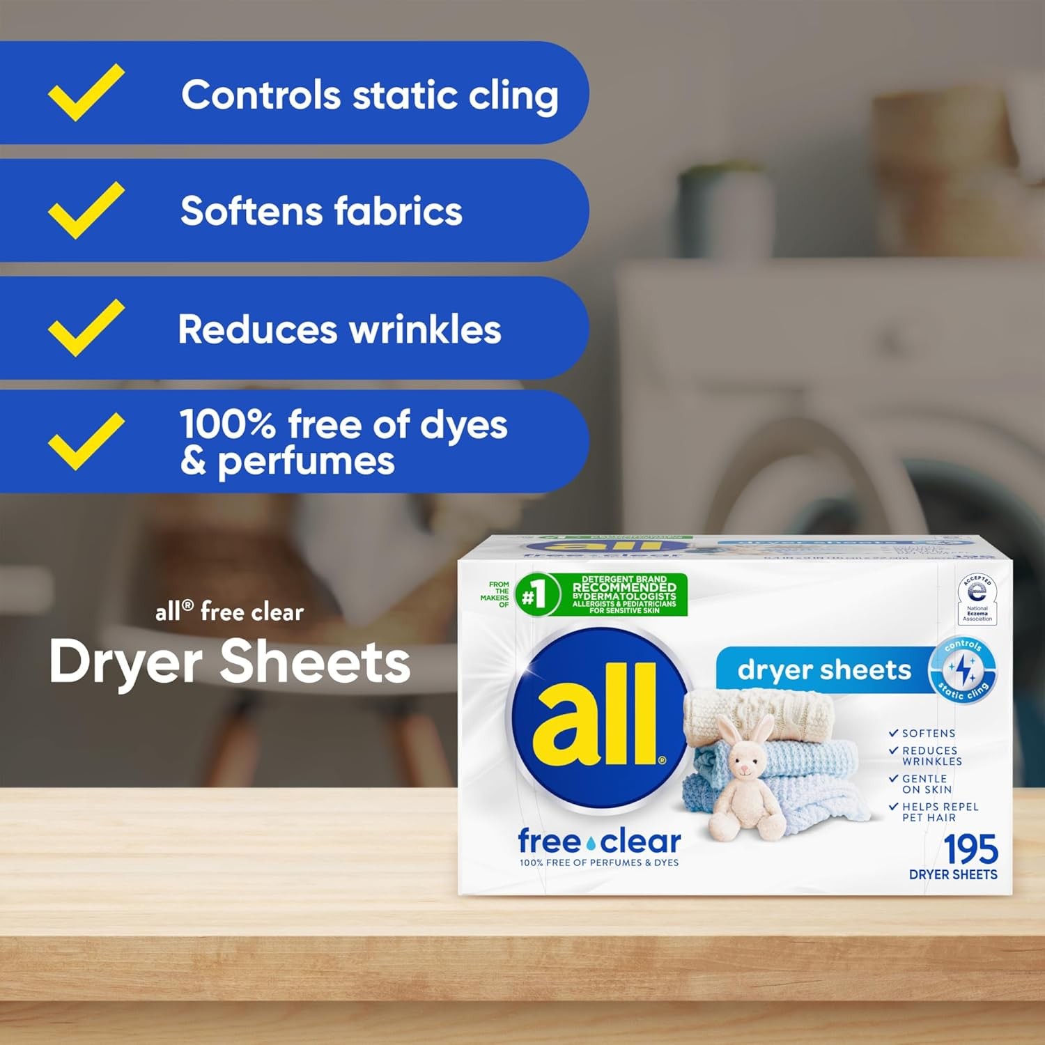 All Free Clear Unscented Fabric Softener Dryer Sheets, 195 Count