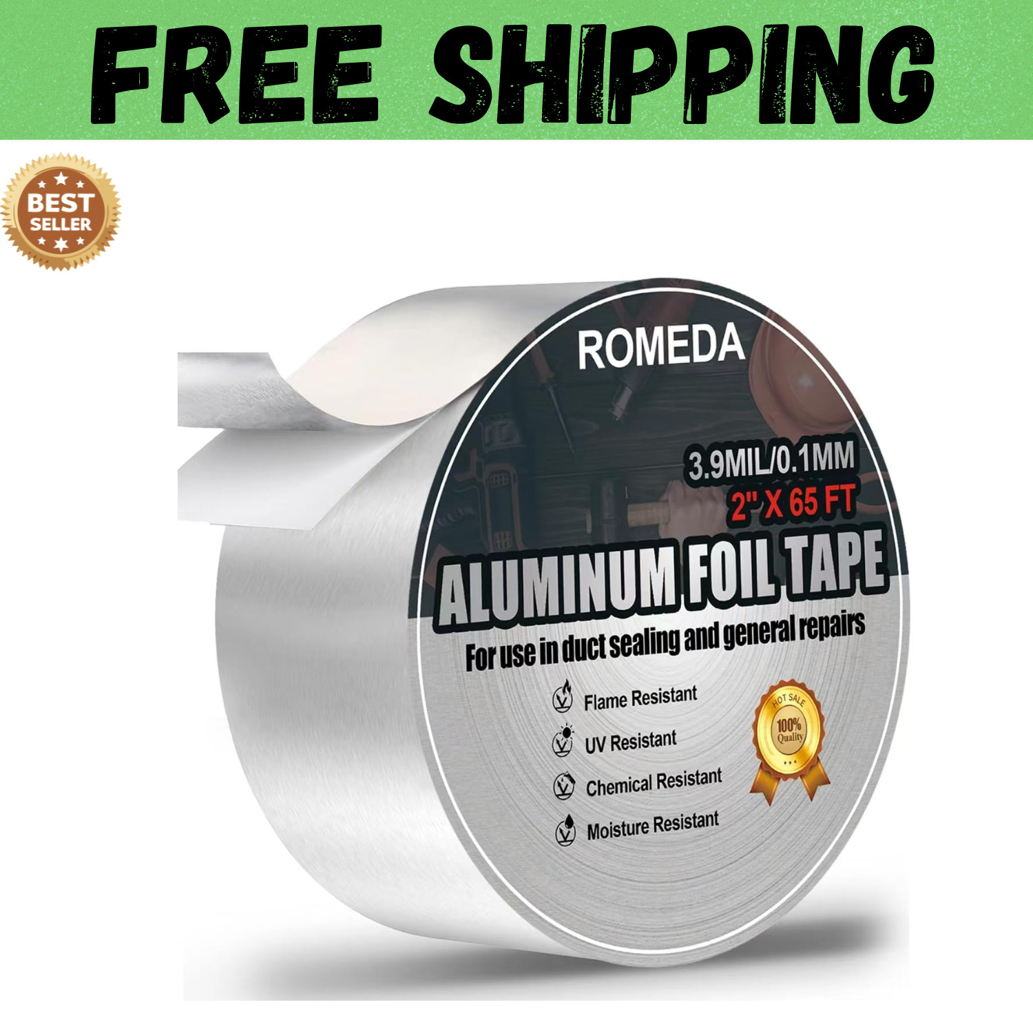 Aluminum Foil Tape 2″ x 65ft | 3.9 Mil High-Temp HVAC Tape for Ductwork & Vents