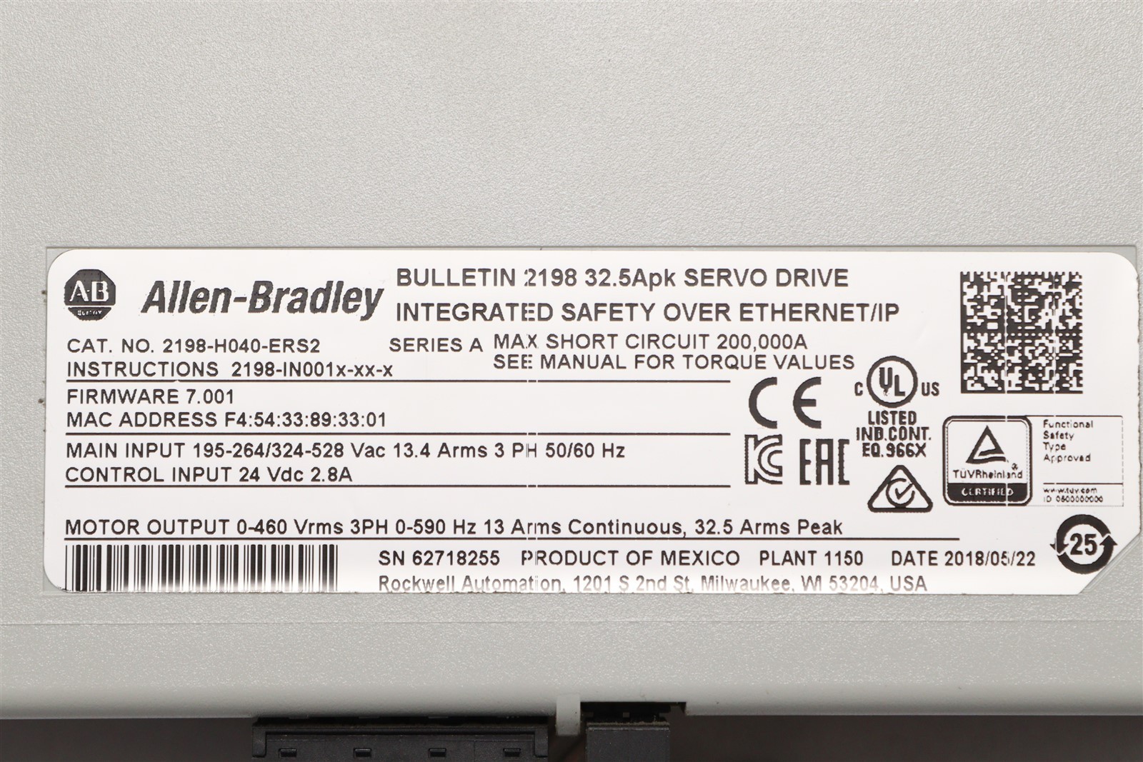 ALLEN BRADLEY KINETIX 5500S2 SERVO DRIVE 2198-H040-ERS2