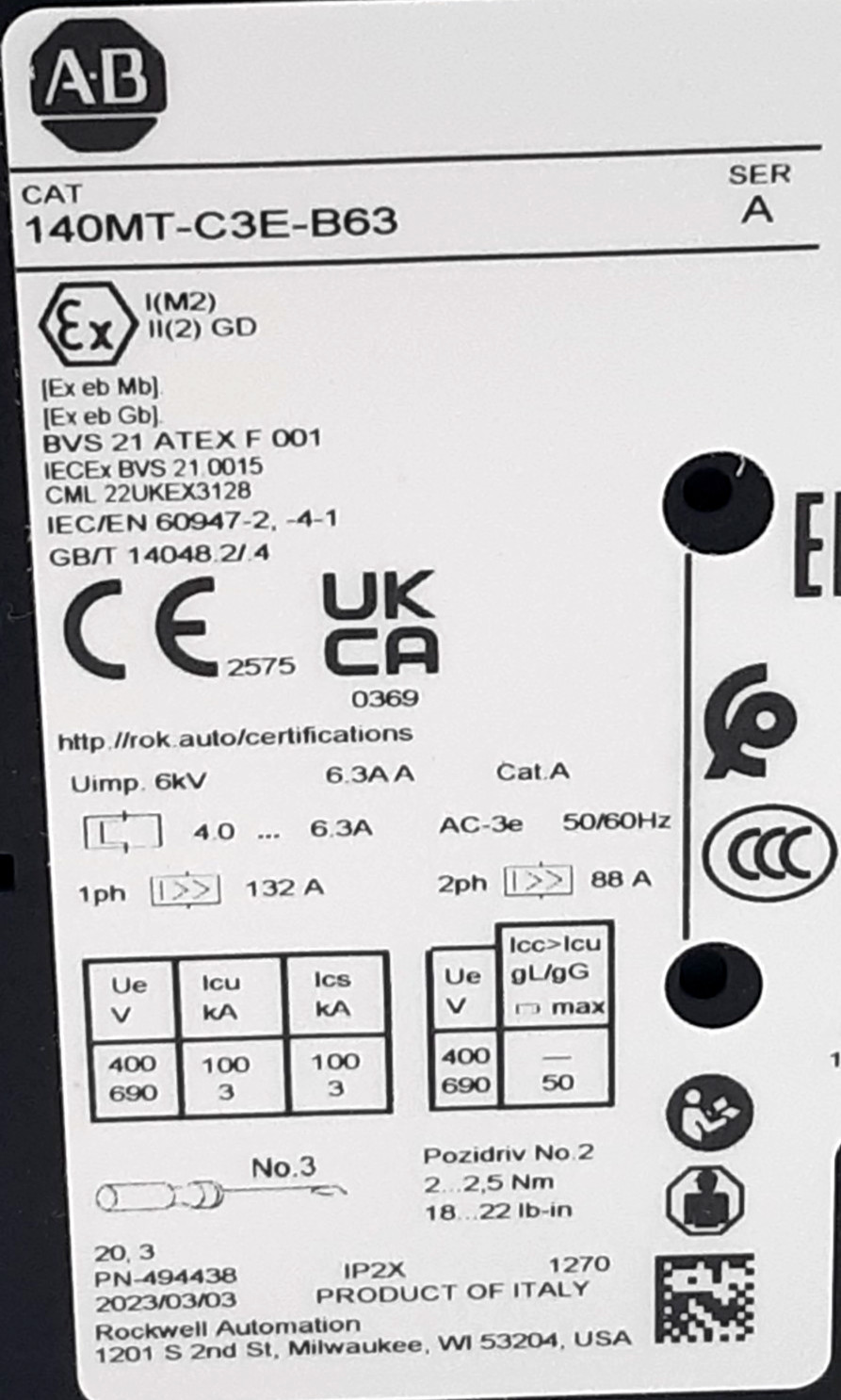 Allen-Bradley 140MT-C3E-B63 Circuit Breaker