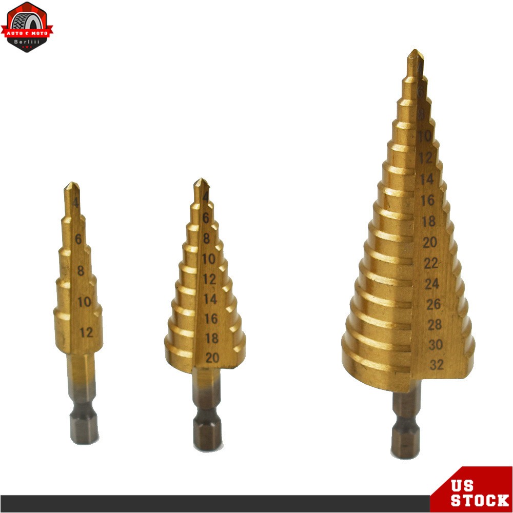 3 Pcs HSS Step Drill Bit Set Titanium Coated High-Speed Steel Cone Drill Bit