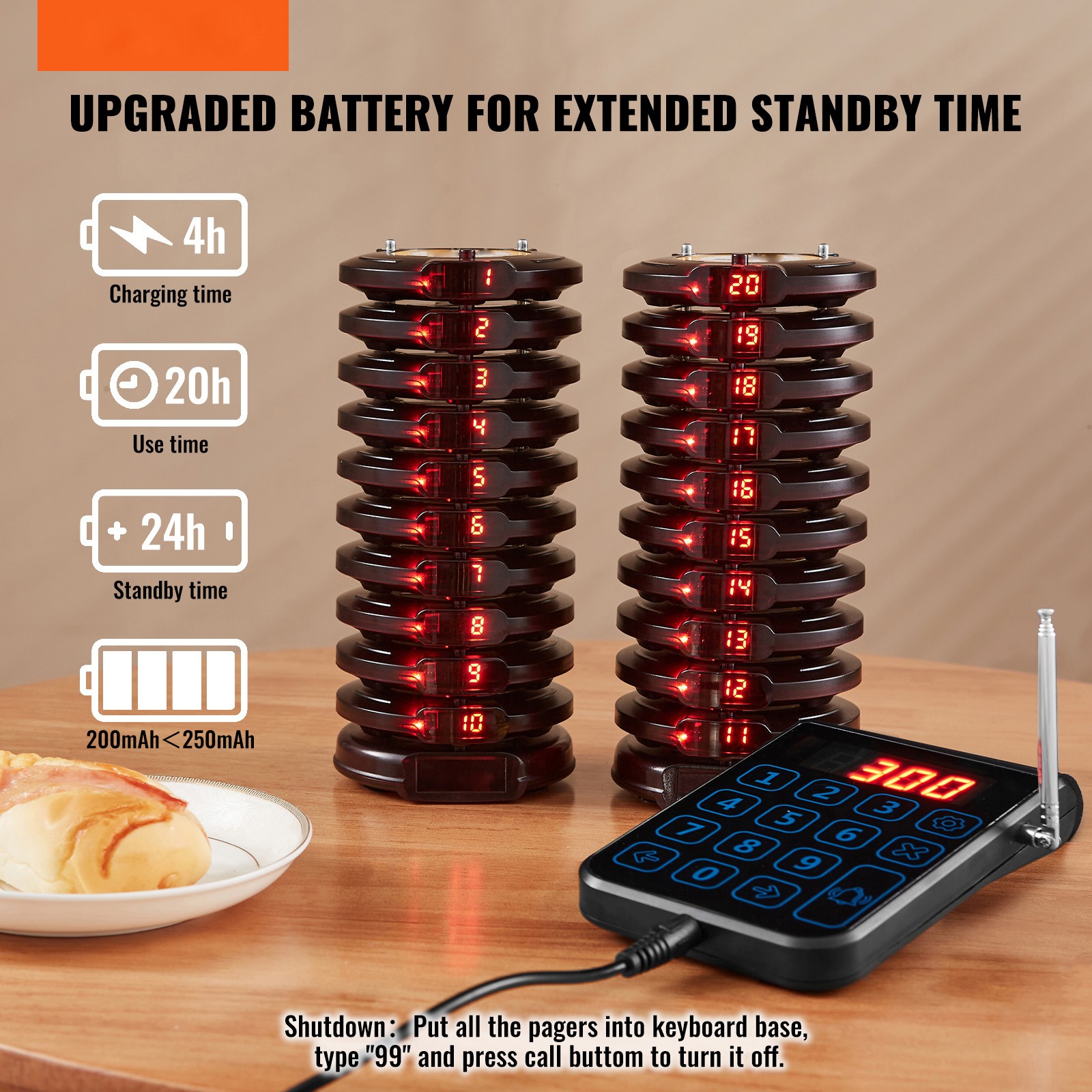 VEVOR 20+1 Pagers Restaurant Pager System Wireless Food Service 24h Standby Time