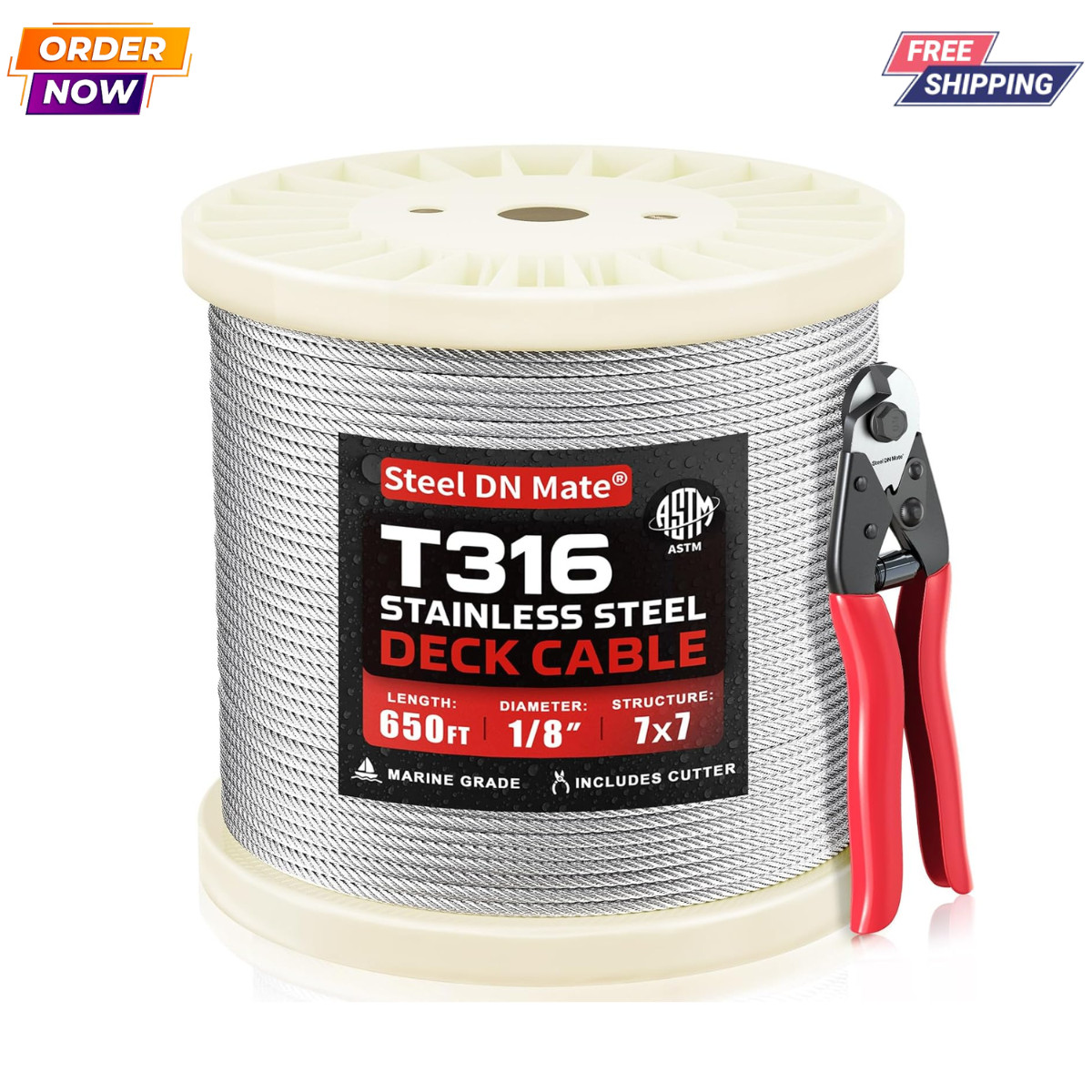 650FT 1/8″ T316 Stainless Steel Cable 7×7 Marine Grade Railing Wire 1800lbs ASTM